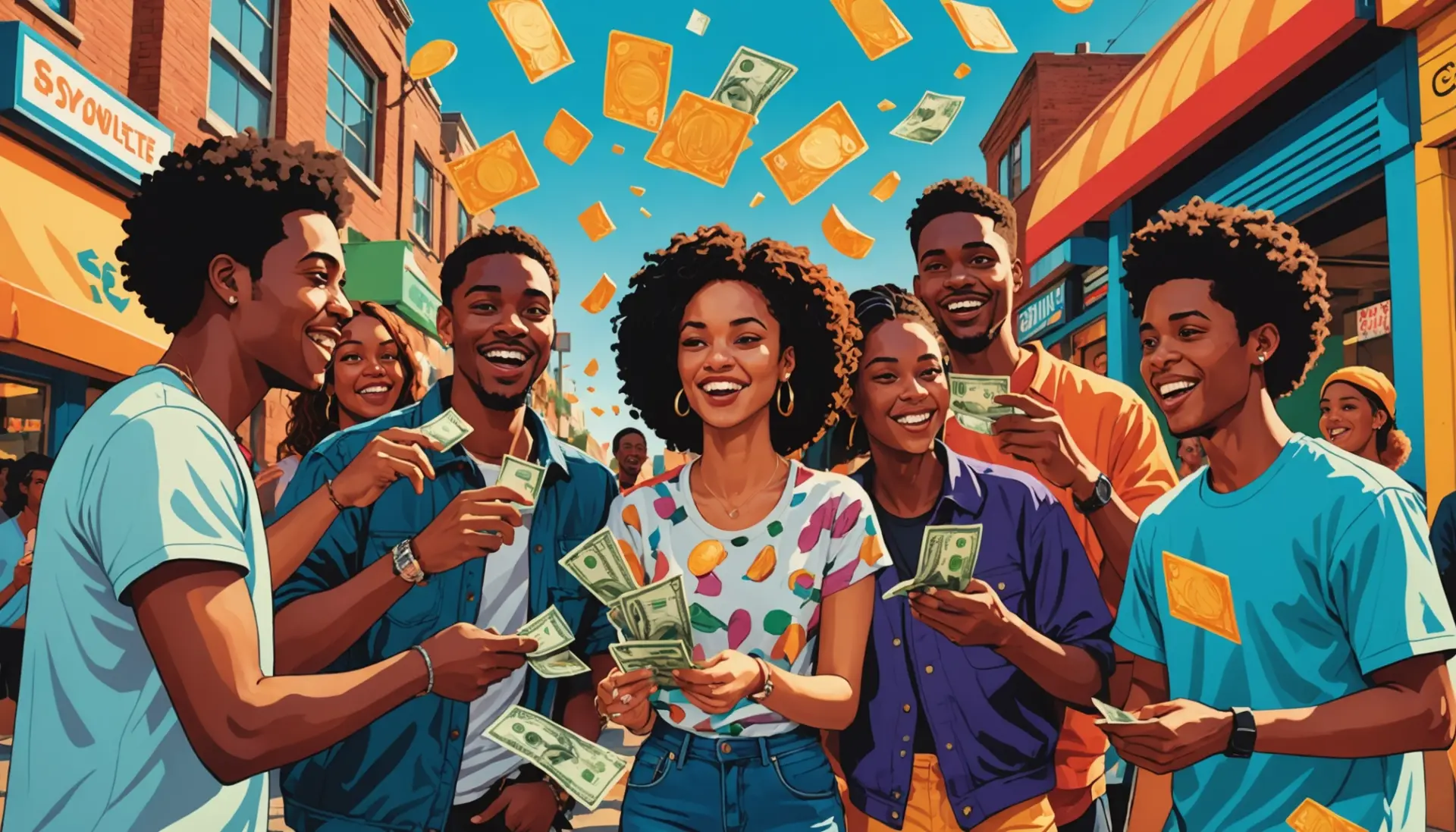Editorial illustration showing people exchanging money with the phrase what clams and cheddar are slang for implied