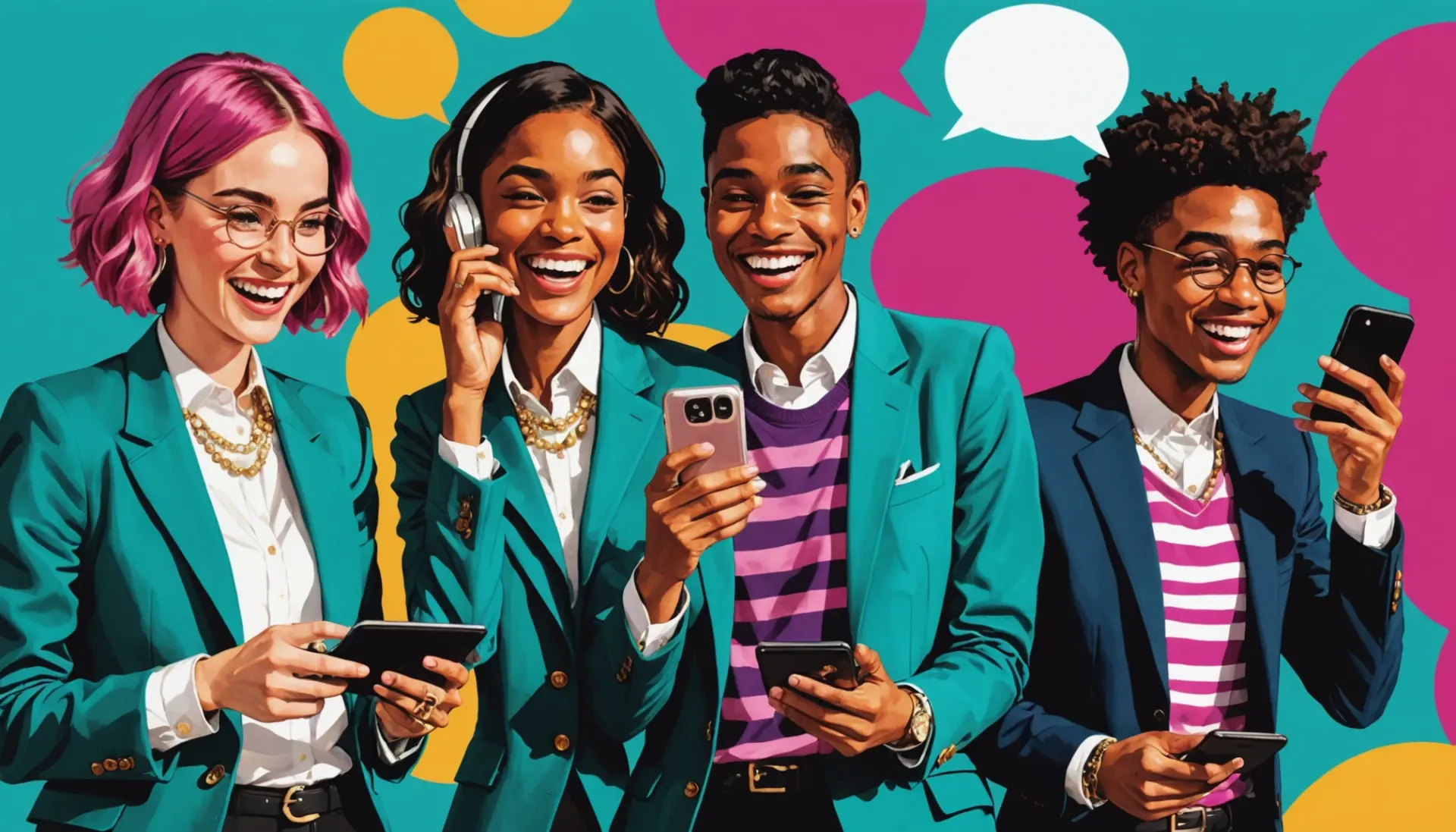Editorial illustration showing people searching 'posh urban dictionary' on phones and laughing, with the phrase posh urban dictionary visible conceptually
