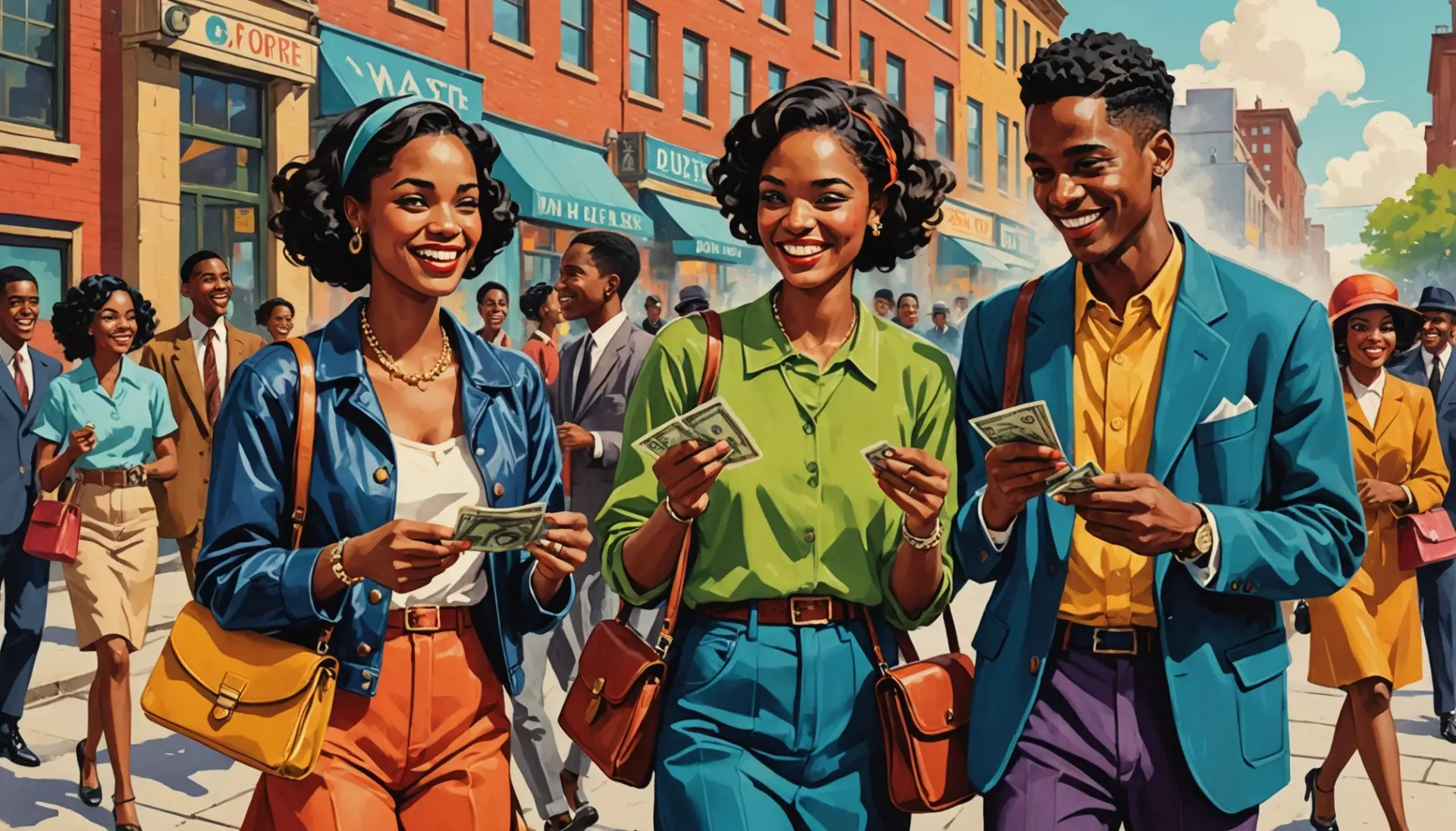 Editorial illustration of people exchanging money with the phrase clams slang implied