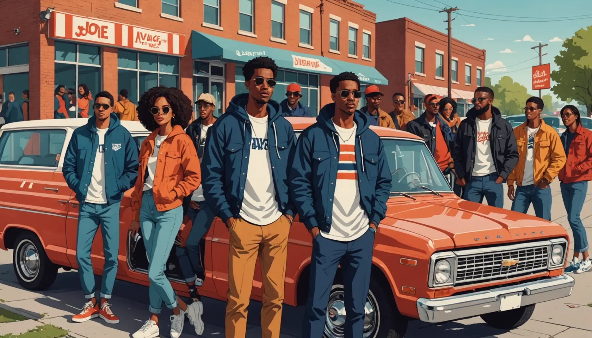 Editorial image showing 'average joe in modern slang' vibe with diverse everyday people in a vibrant street scene
