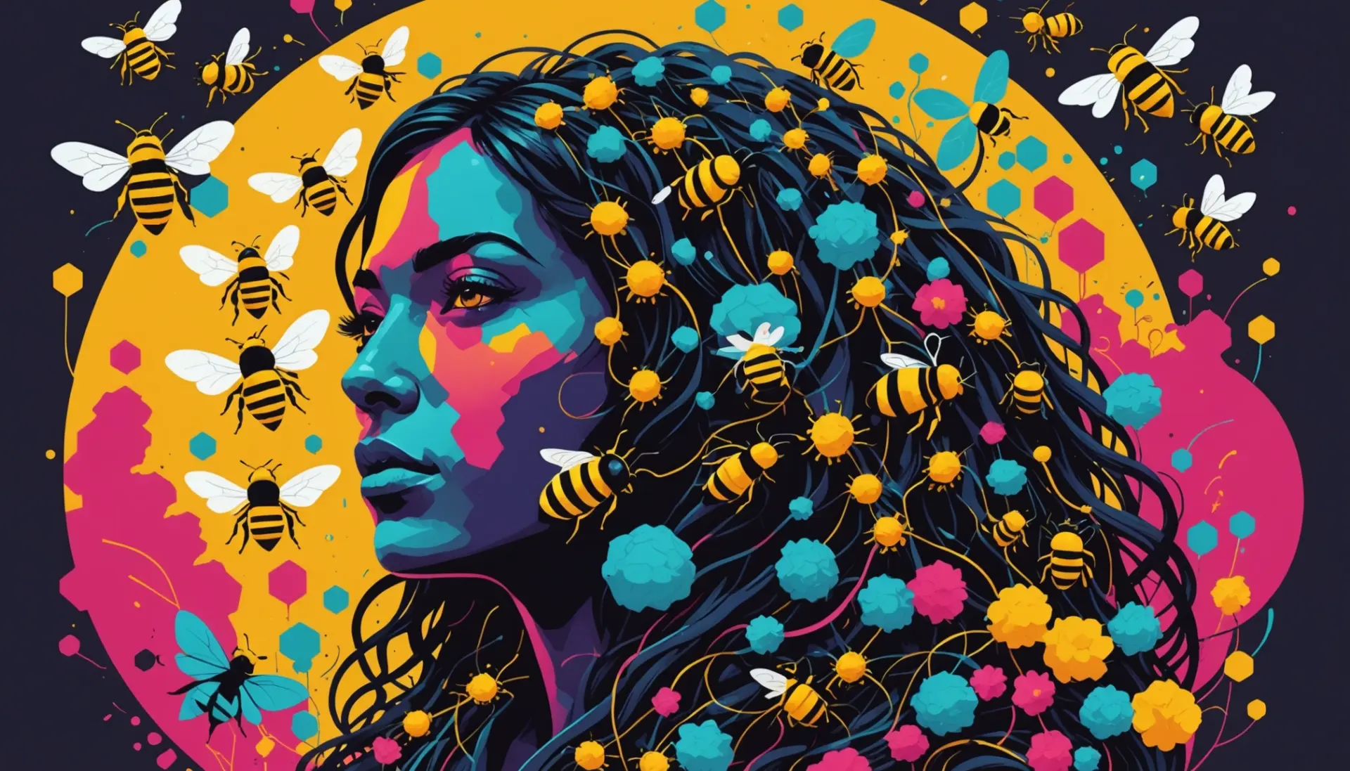 Editorial illustration of a hivemind meaning concept showing bees and people connected, depicting the hivemind meaning