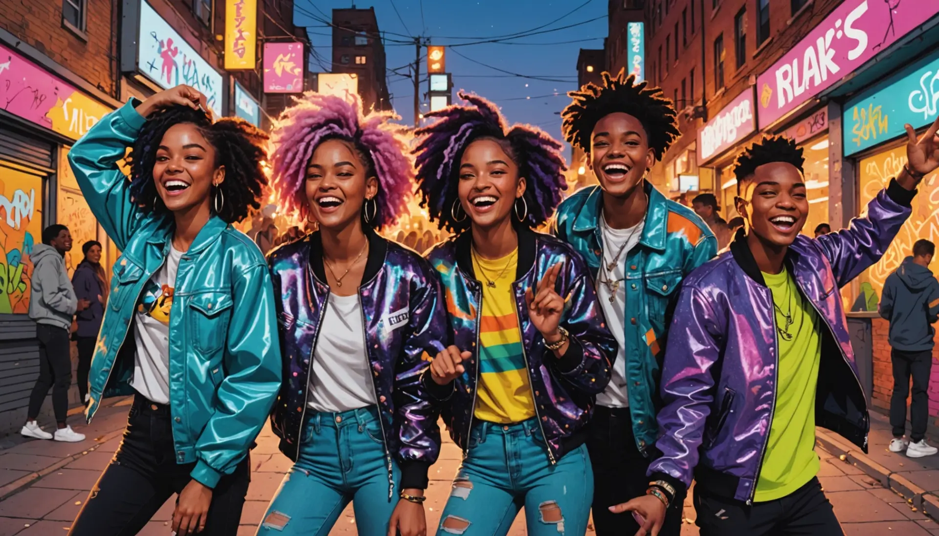 Illustration showing the phrase what does hootie frutti mean as a colorful street-style scene