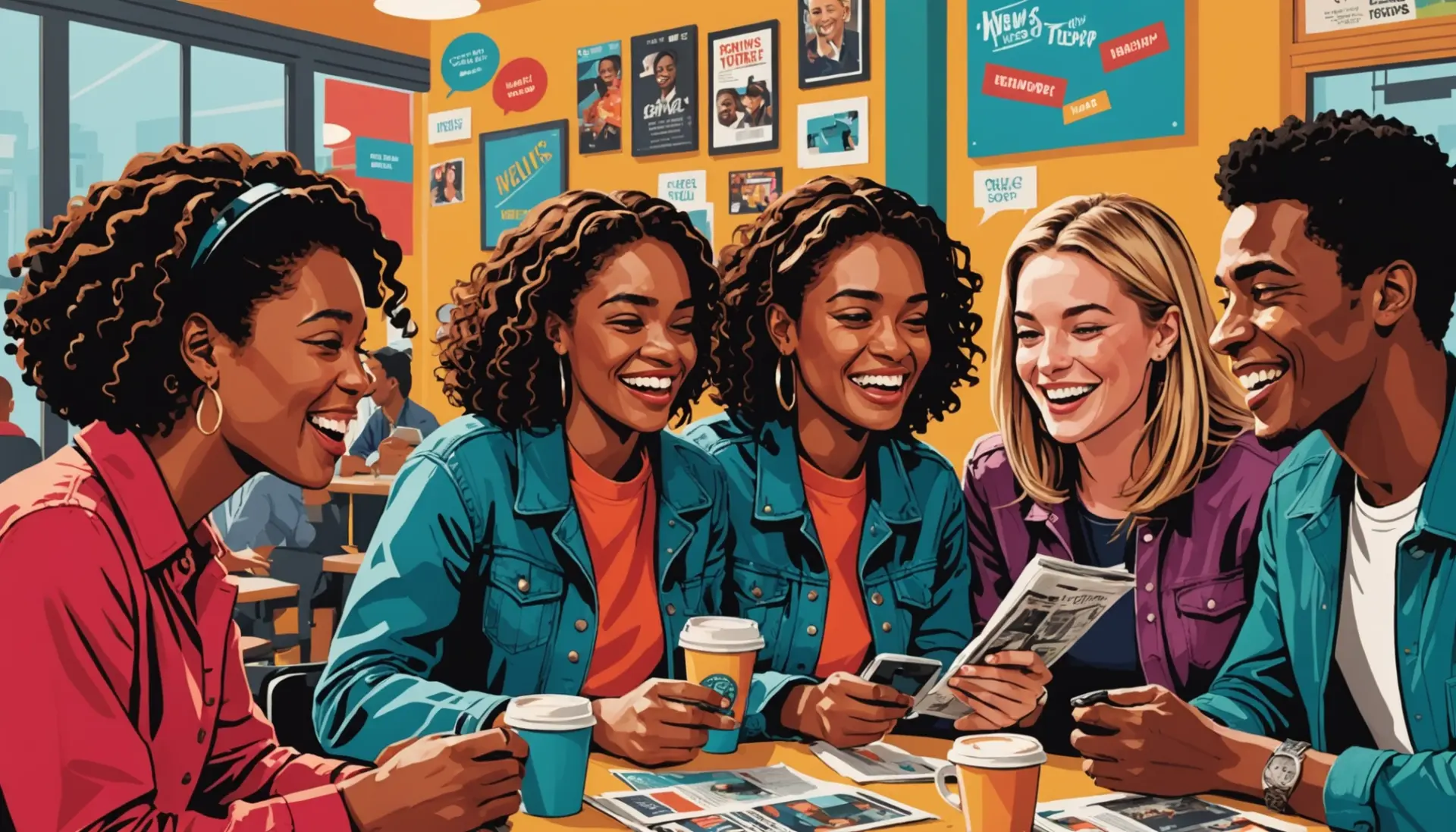 Editorial illustration showing young people saying 'scoop urban dictionary' while sharing gossip and coffee