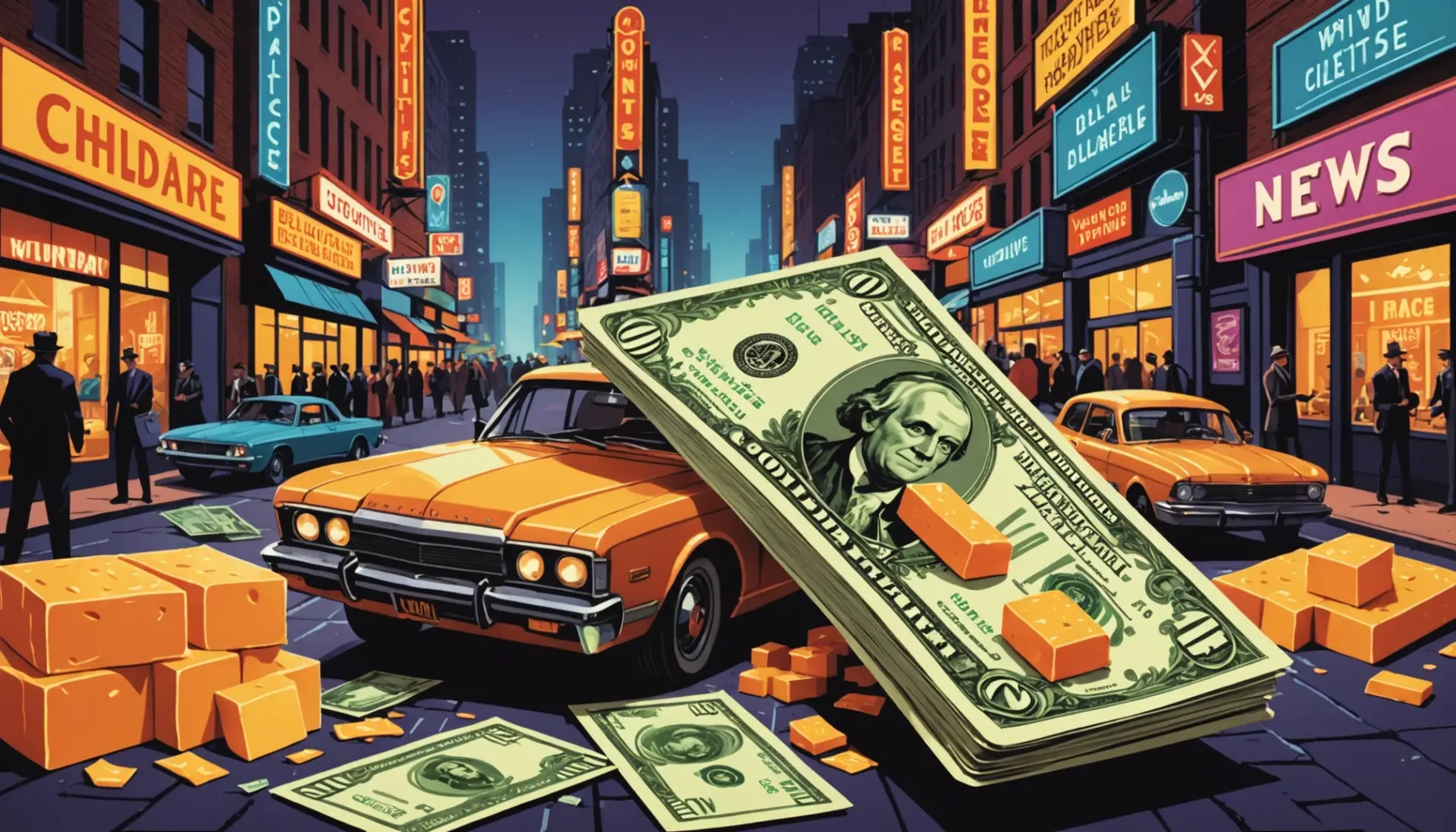 Editorial illustration showing 'clams and cheddar slang nyt' concept with money imagery