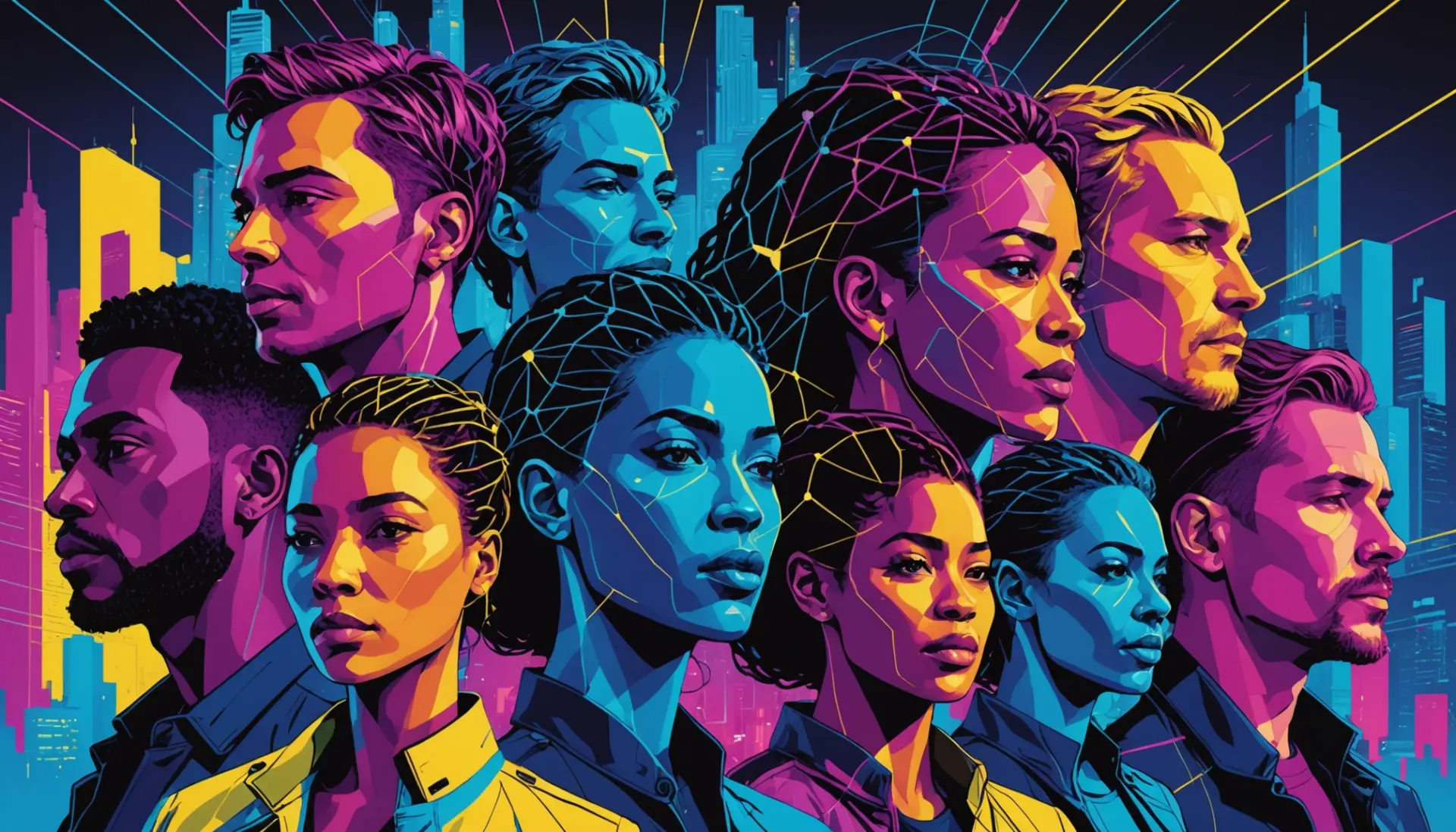 Editorial illustration showing a crowd connected like a network, concept for what does hivemind mean