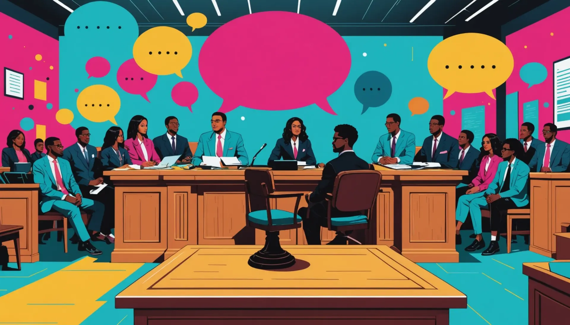 Editorial illustration about what does double jeopardy mean showing courtroom scales and chat bubbles