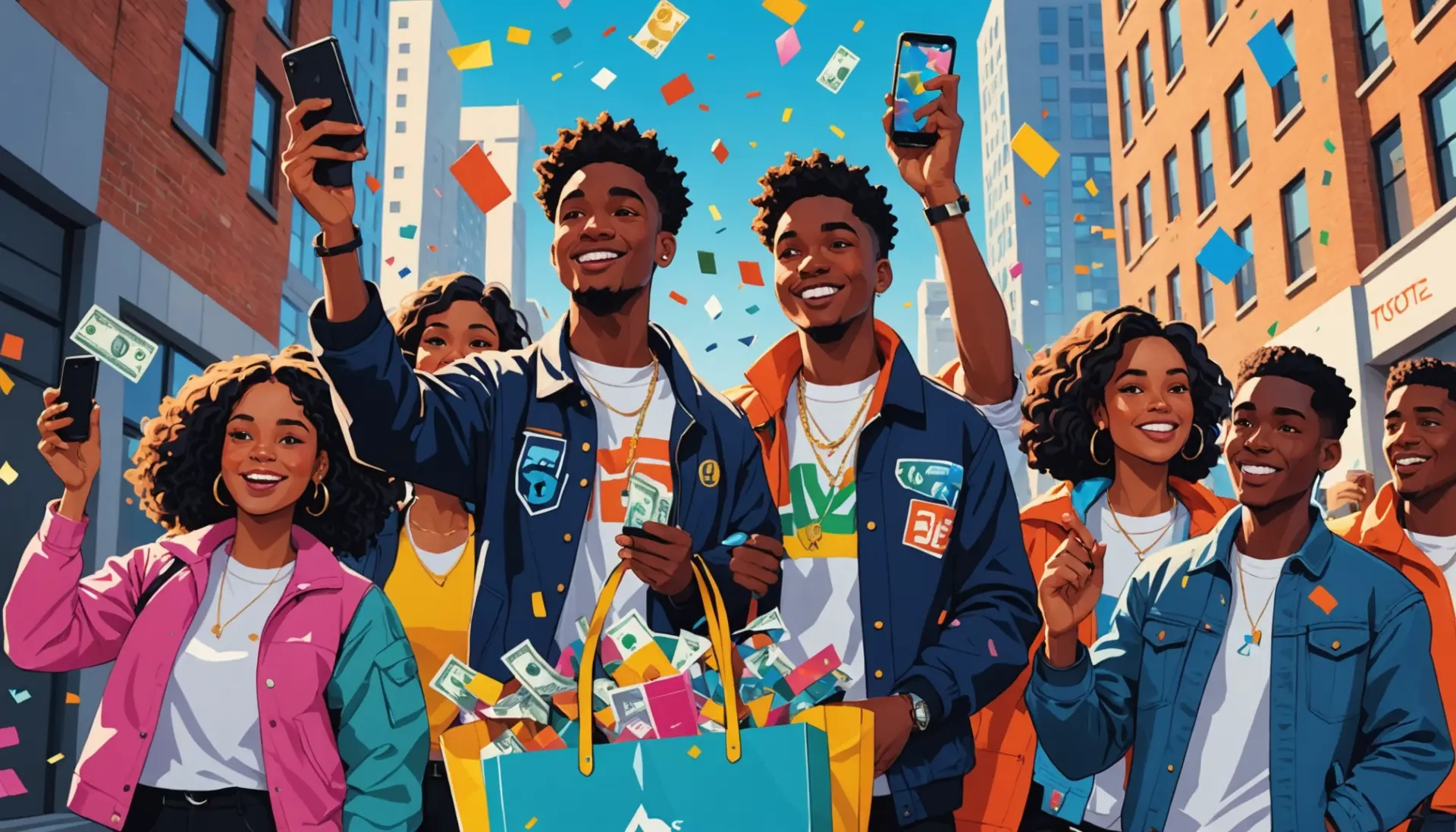 Editorial illustration showing people celebrating 'secure the bag' concept, with bold colors and urban vibes, highlighting the phrase what does bag mean in slang