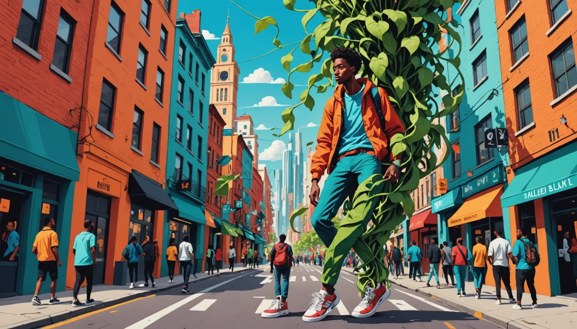 Editorial illustration of a tall person represented as a beanstalk, highlighting the term beanstalk slang meaning