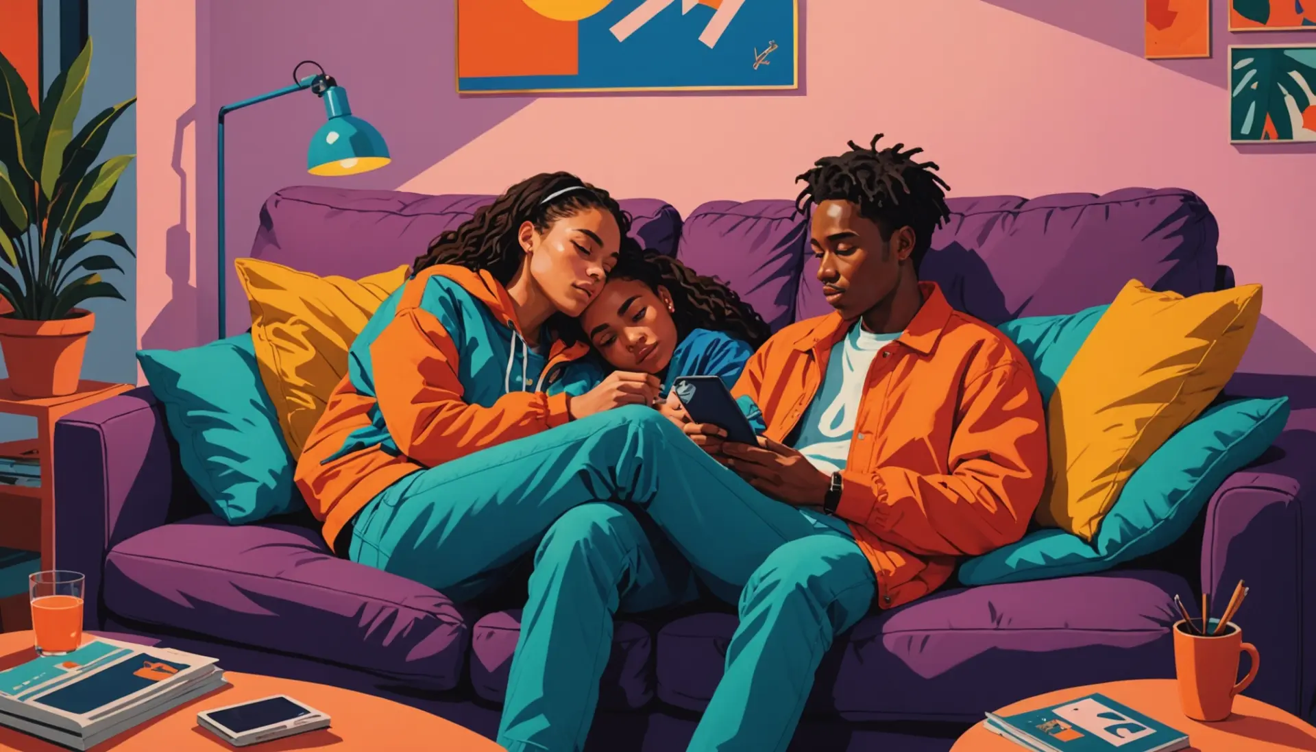 Editorial illustration of two people spooning on a couch, referencing spoon urban dictionary