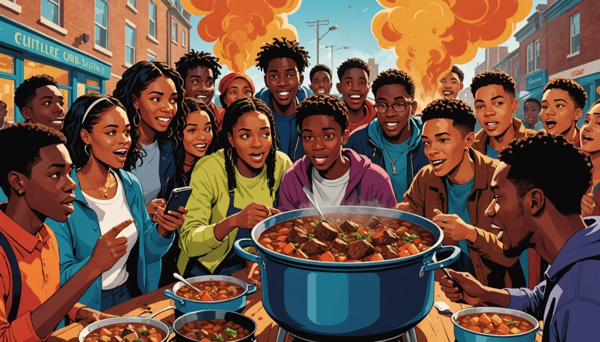 Editorial illustration of people arguing over a pot of beef stew representing the phrase beef stew urban dictionary