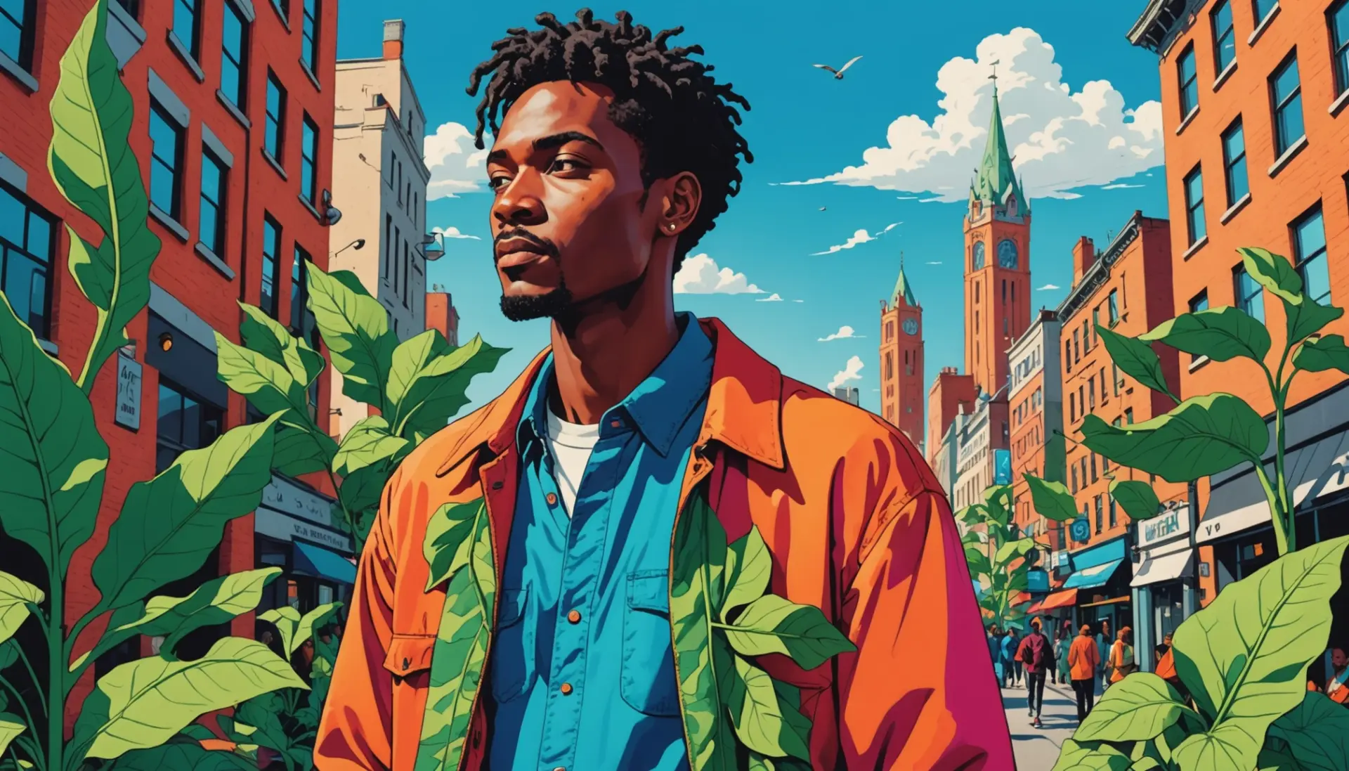 Editorial illustration showing a person with beanstalk meaning slang vibes, tall and confident, colorful urban background