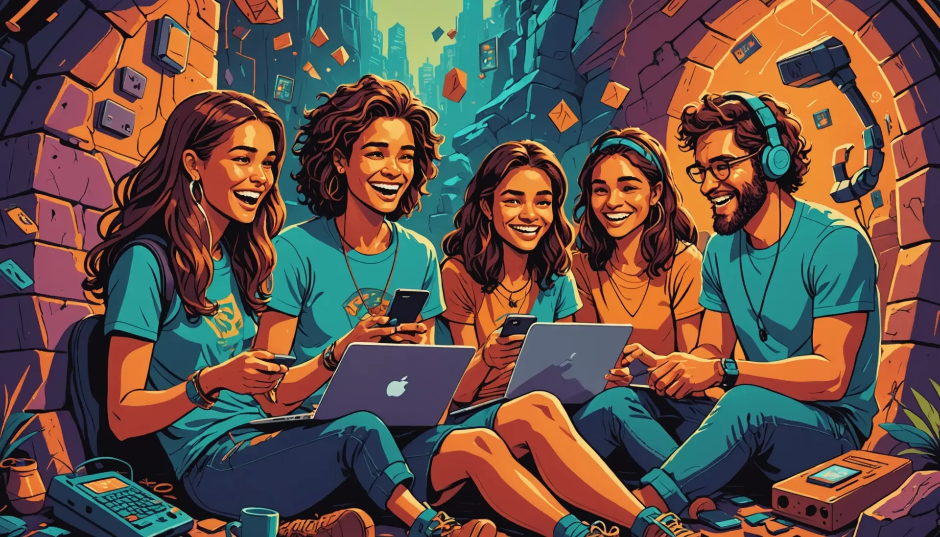 Editorial illustration of people using 'from neander slang' jokingly in chat, showing meme vibes and caveman imagery
