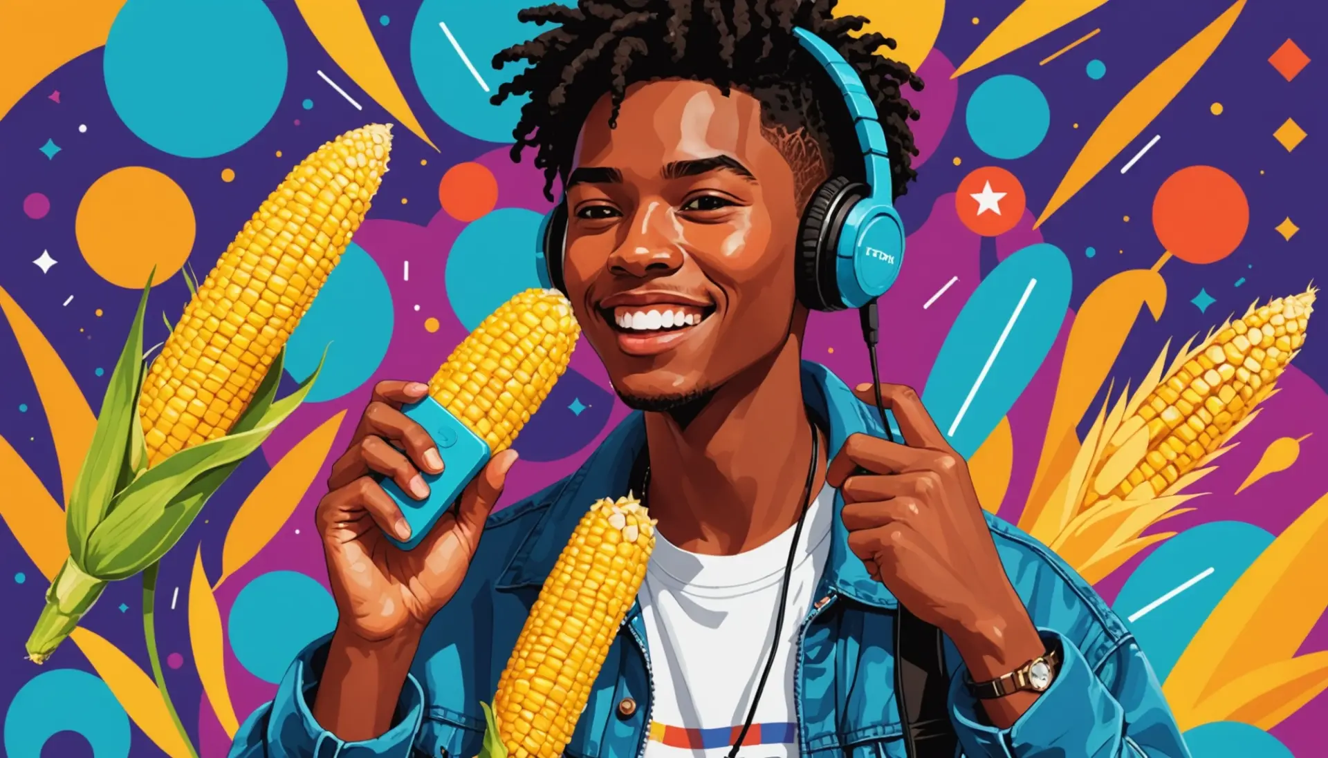 Illustration of a smiling person holding an ear of corn with text theme 'nebraskan corn cob urban dictionary' in mind