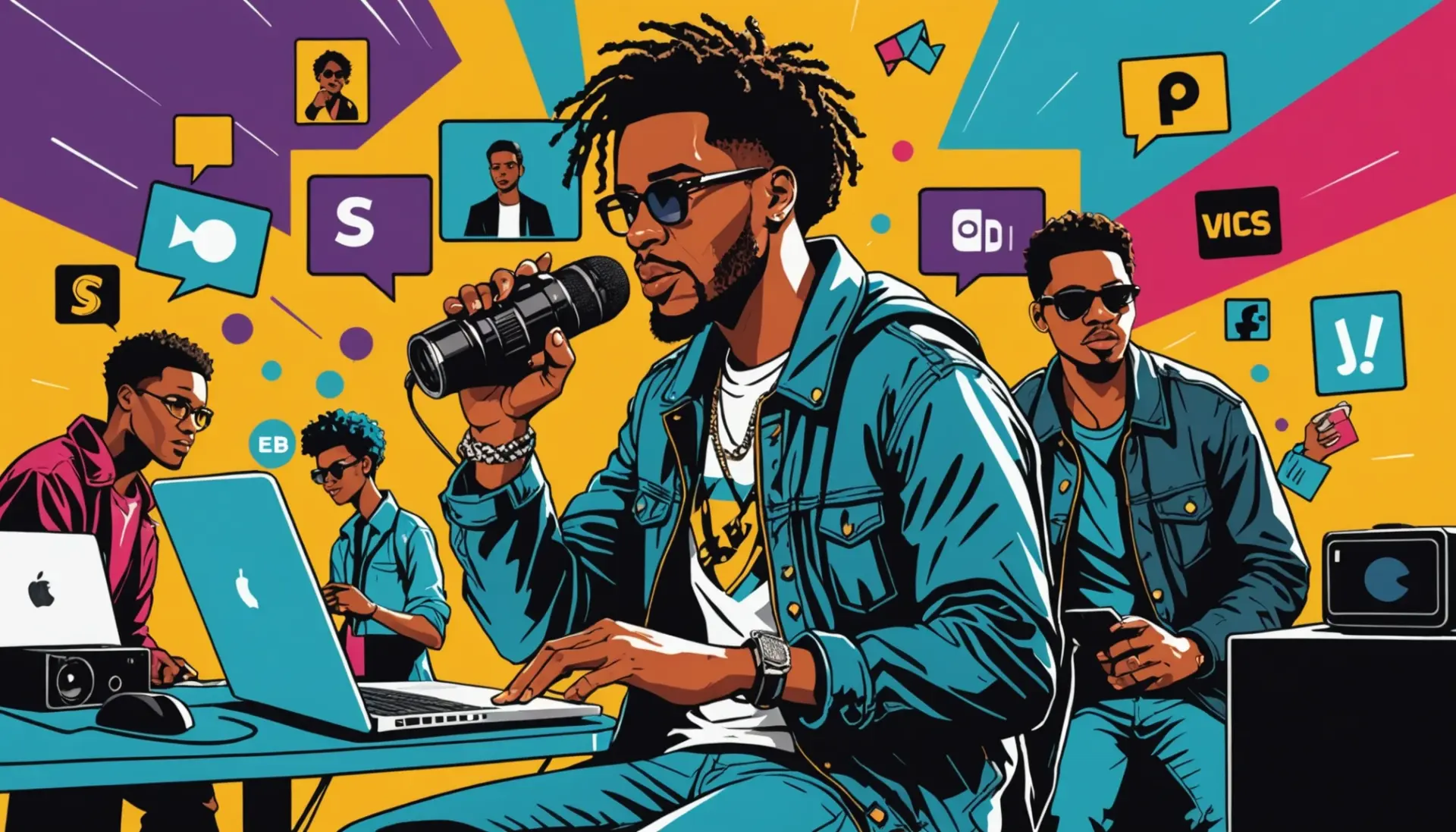 Vibrant editorial illustration showing performers and freelancers representing gig meaning slang
