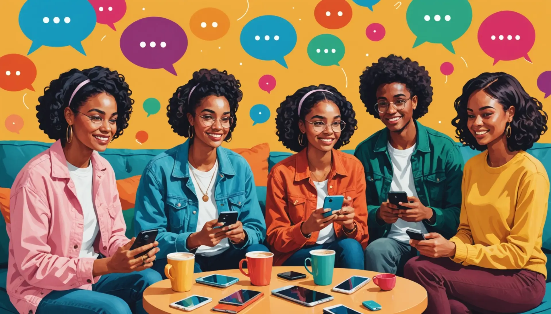 Editorial illustration showing people texting with the phrase what does tb mean in texting visible in chat bubbles