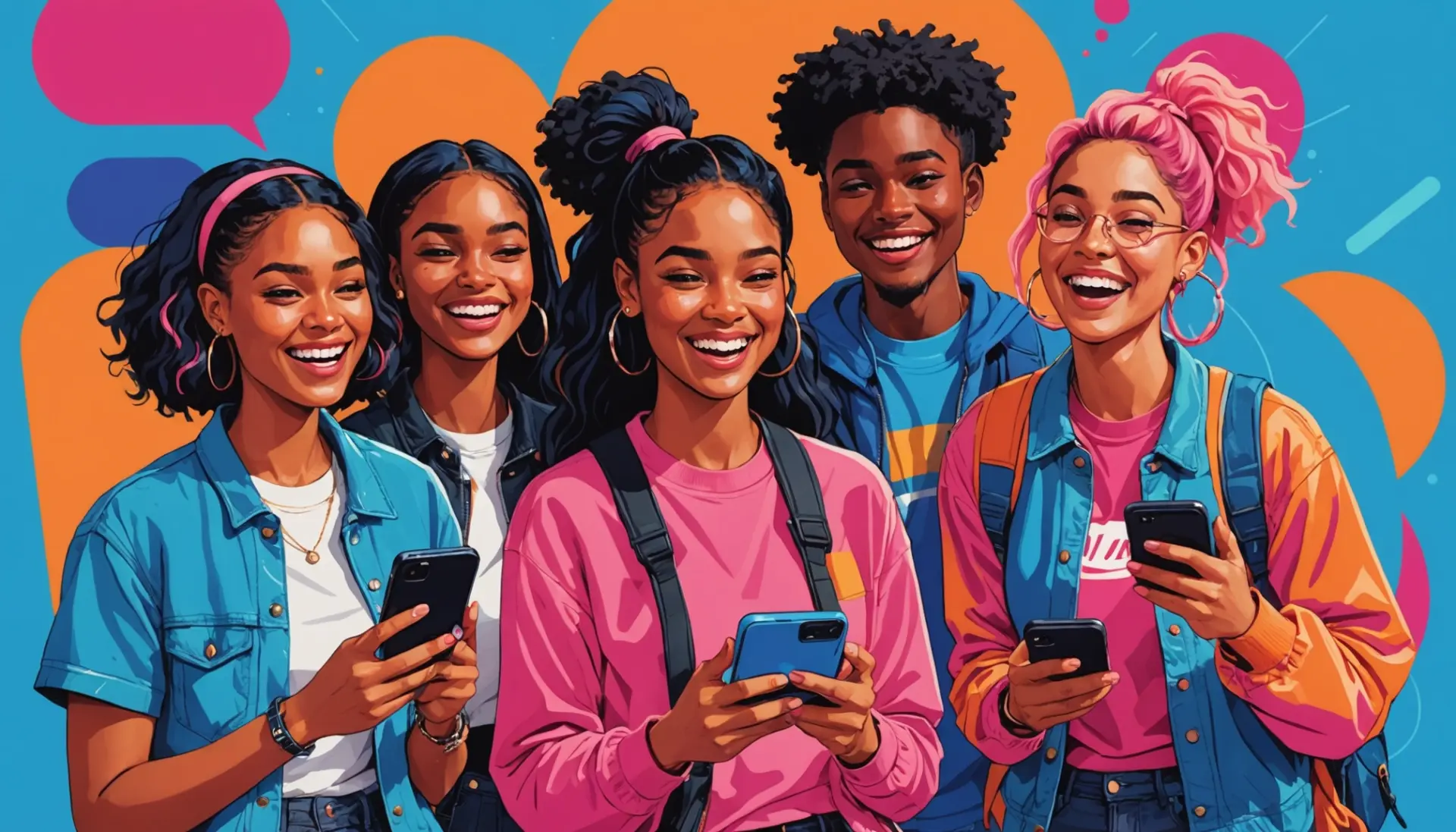 Editorial illustration showing a teen typing 'what does from neader mean' on a phone, with meme energy and colorful background