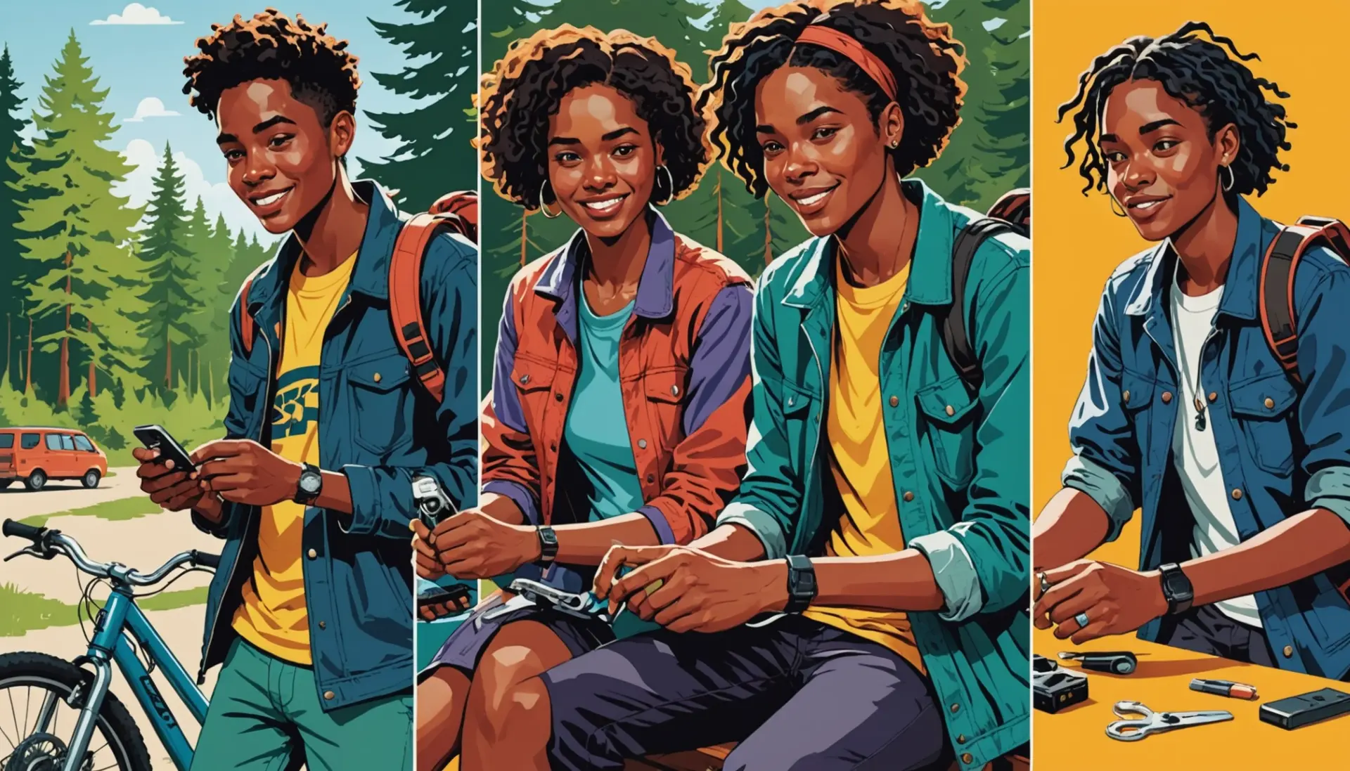 Editorial illustration showing people using the word handy meaning slang in different contexts