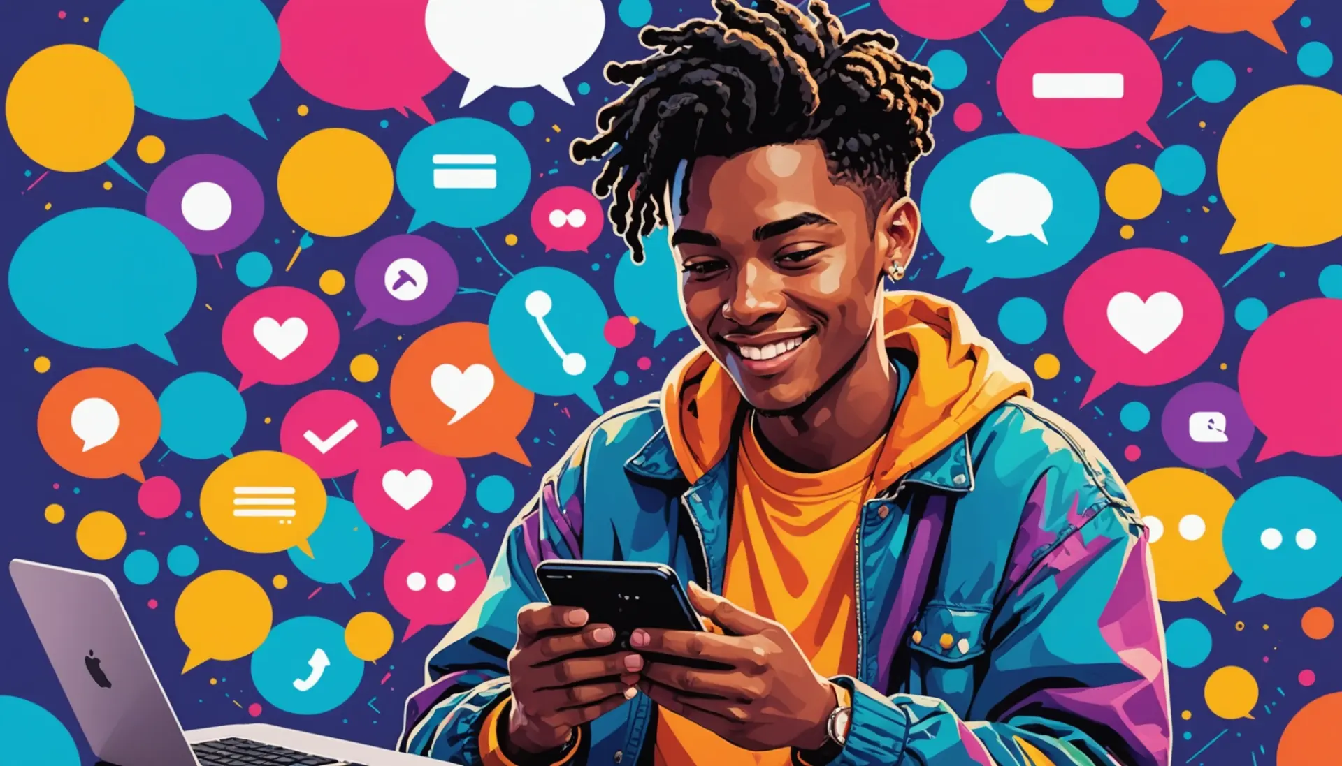 Editorial illustration representing the phrase atp slang meaning with expressive chat bubbles and a person shrugging