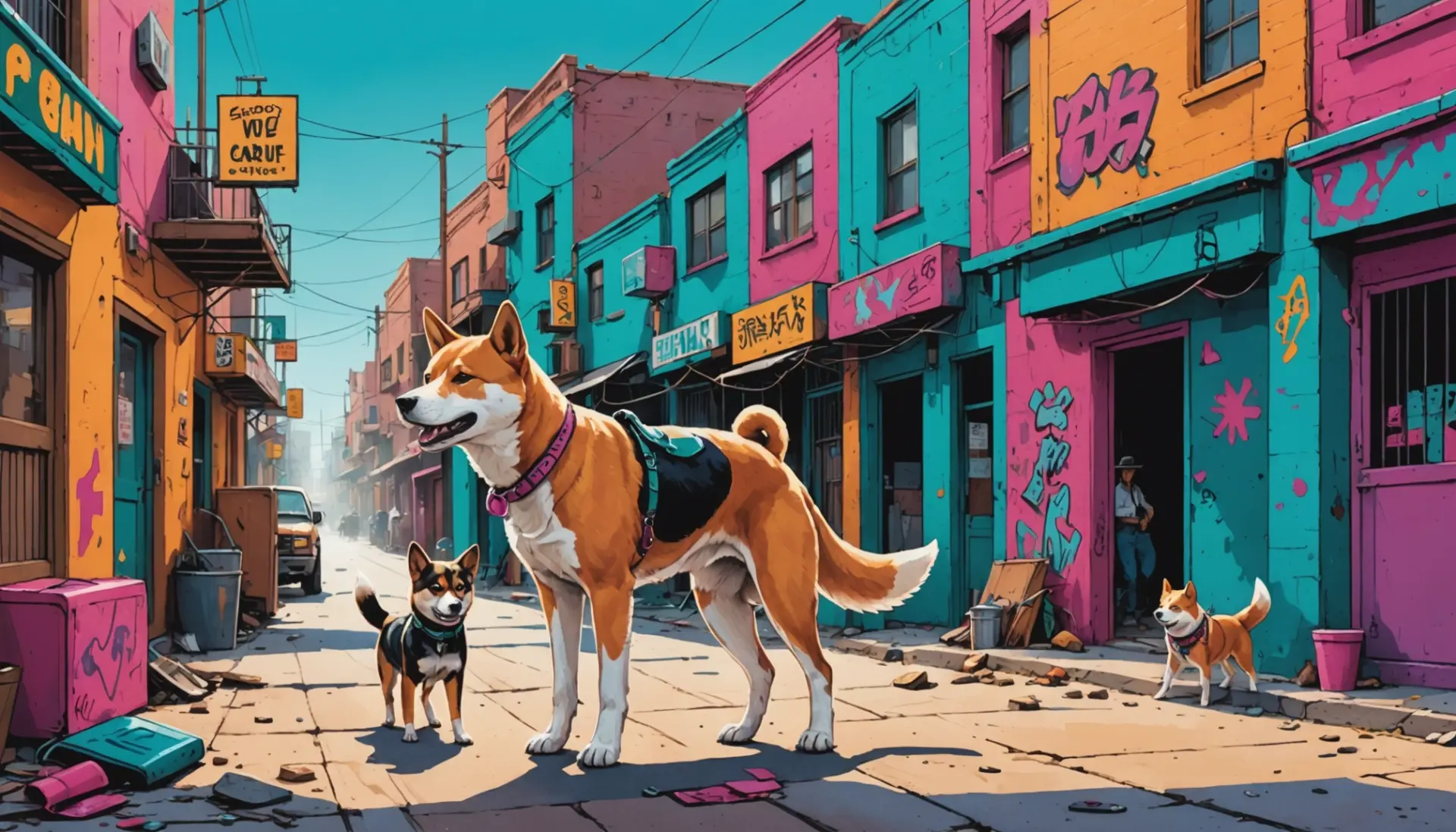 Editorial illustration of the phrase what does dogie mean showing a scrappy calf and a playful dog, with urban and western elements