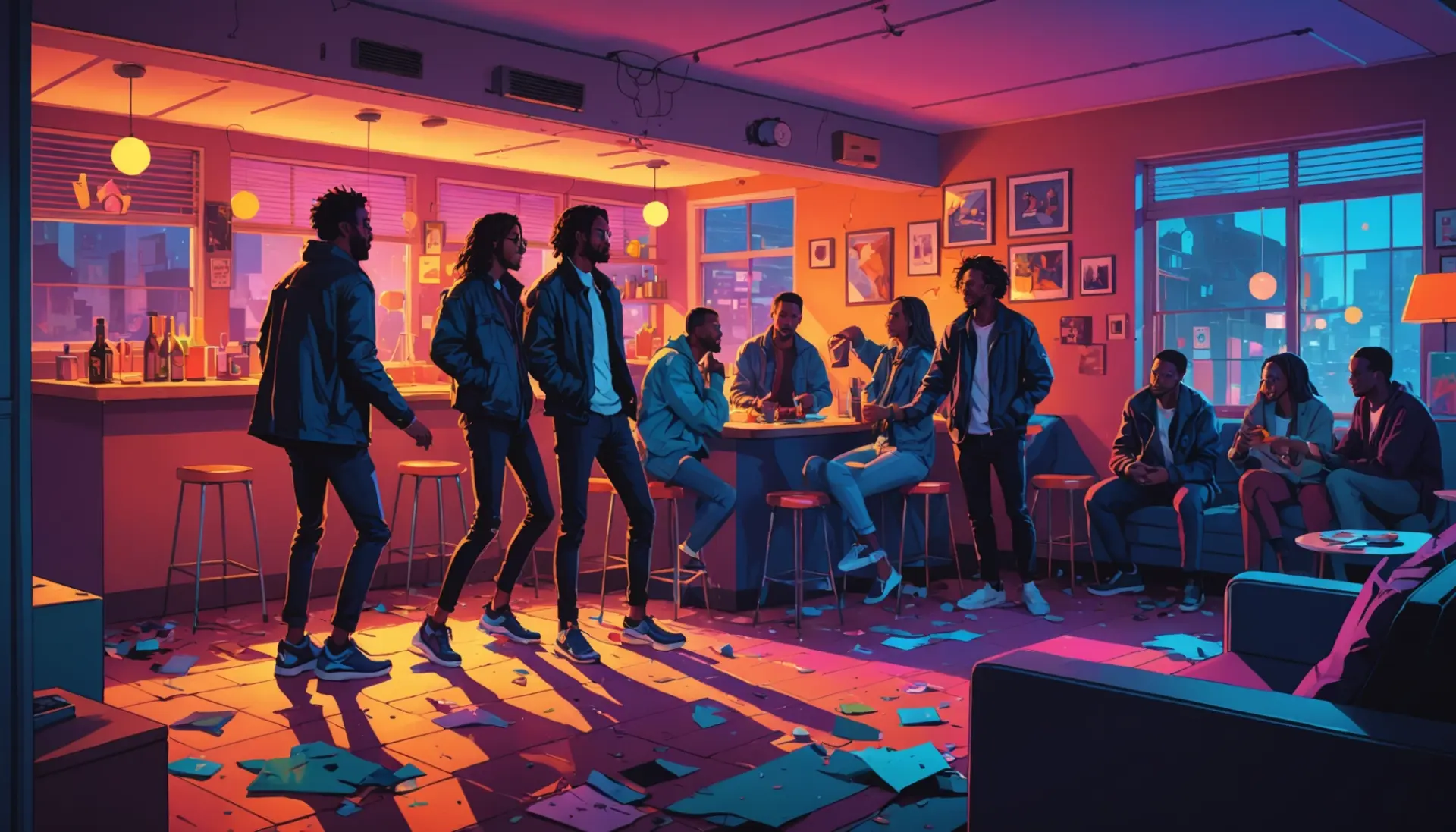 Editorial illustration showing a chaotic party scene representing what does on a bender mean