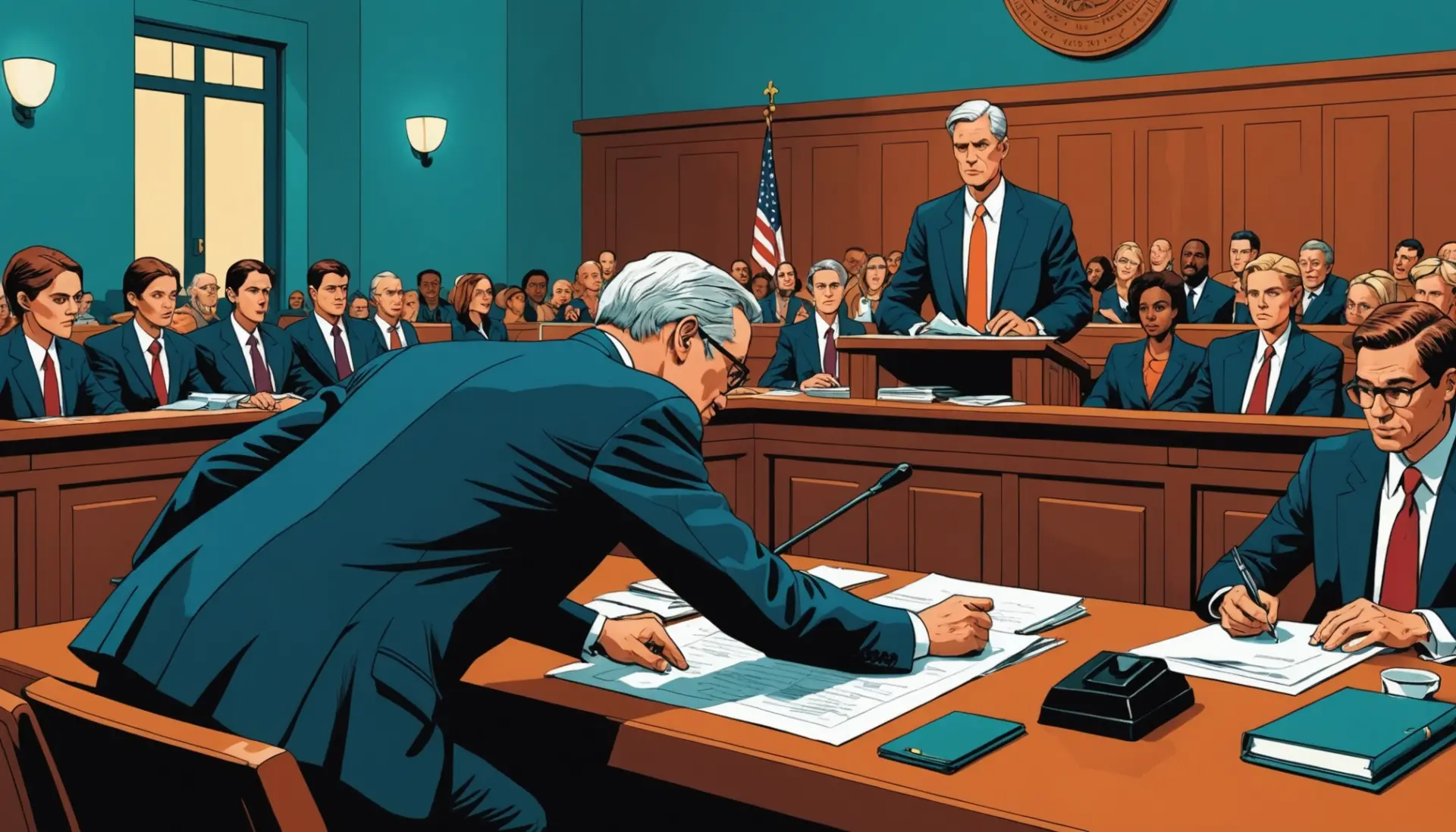 Editorial illustration showing a courtroom moment with the phrase what does it mean when prosecution rests its case implied in the scene