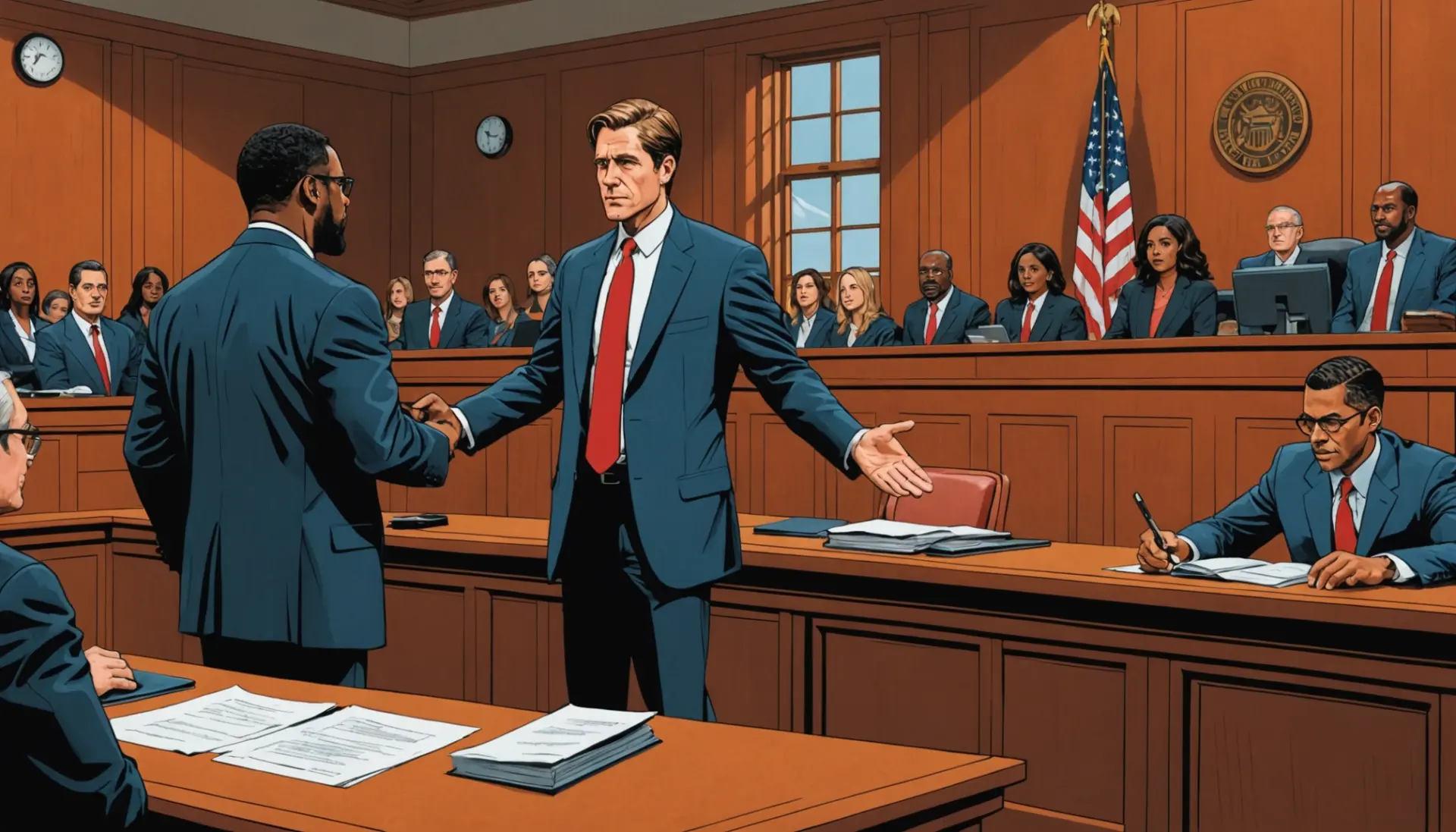 Editorial illustration showing a courtroom moment when the prosecution rests its case