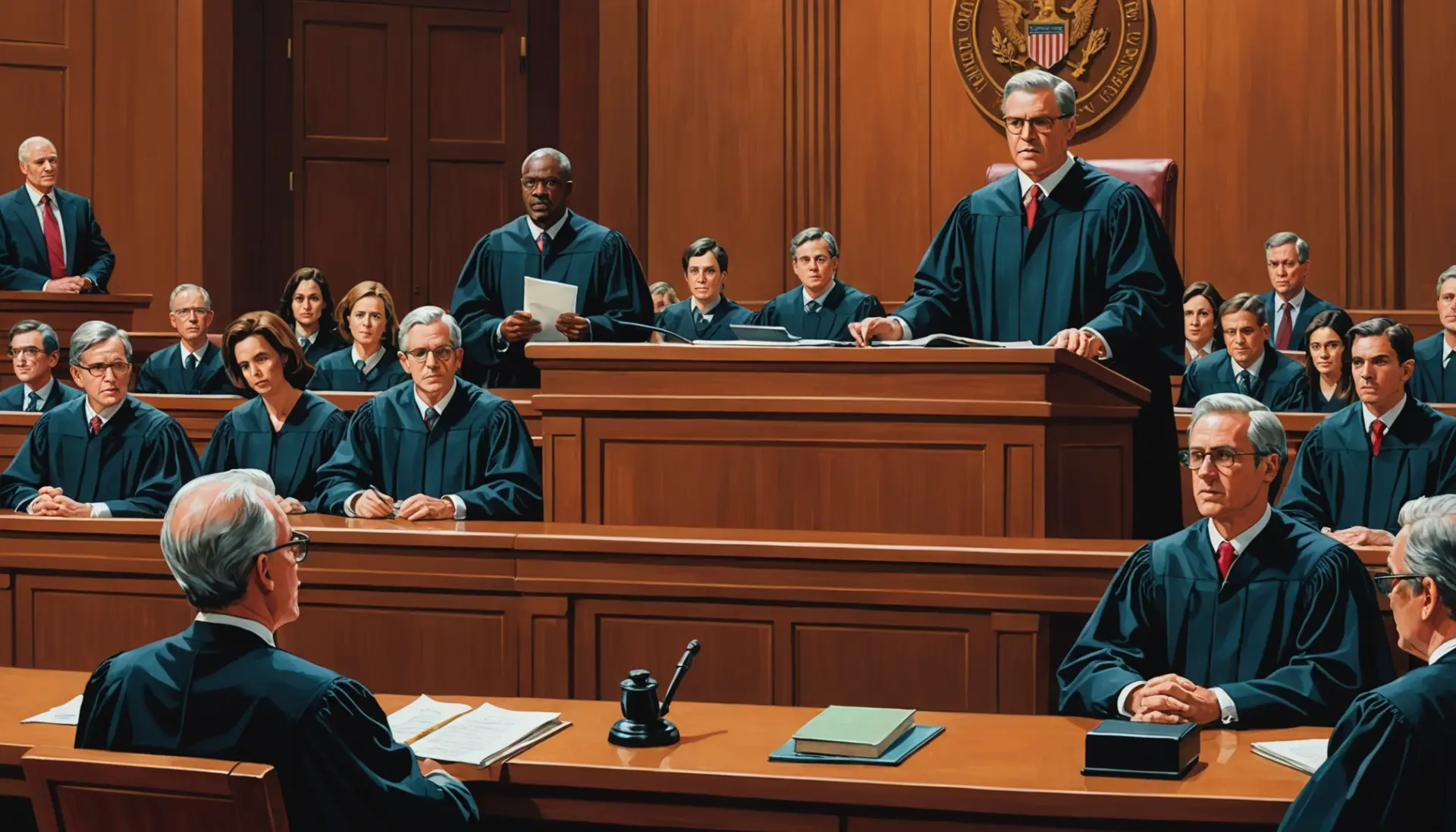 Editorial illustration focusing on what does it mean when prosecution rests in a courtroom scene