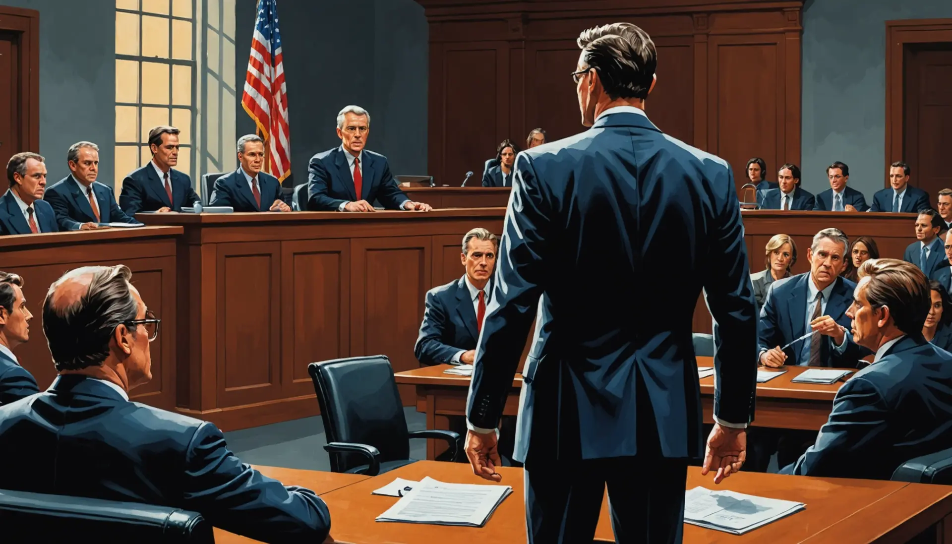 Illustration showing the courtroom moment when the prosecution rests, what does it mean when the prosecution rests