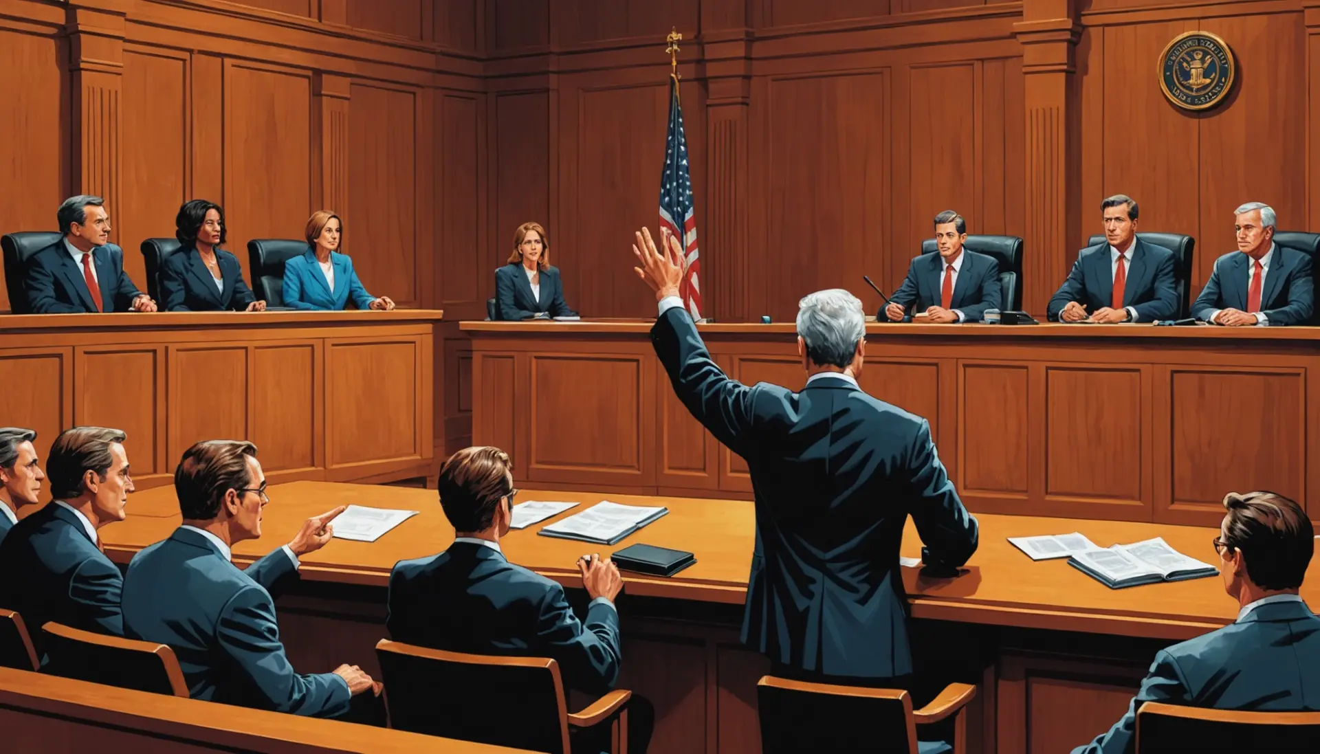 Editorial illustration showing a judge saying sustained in a courtroom, representing what does sustained mean in a court of law
