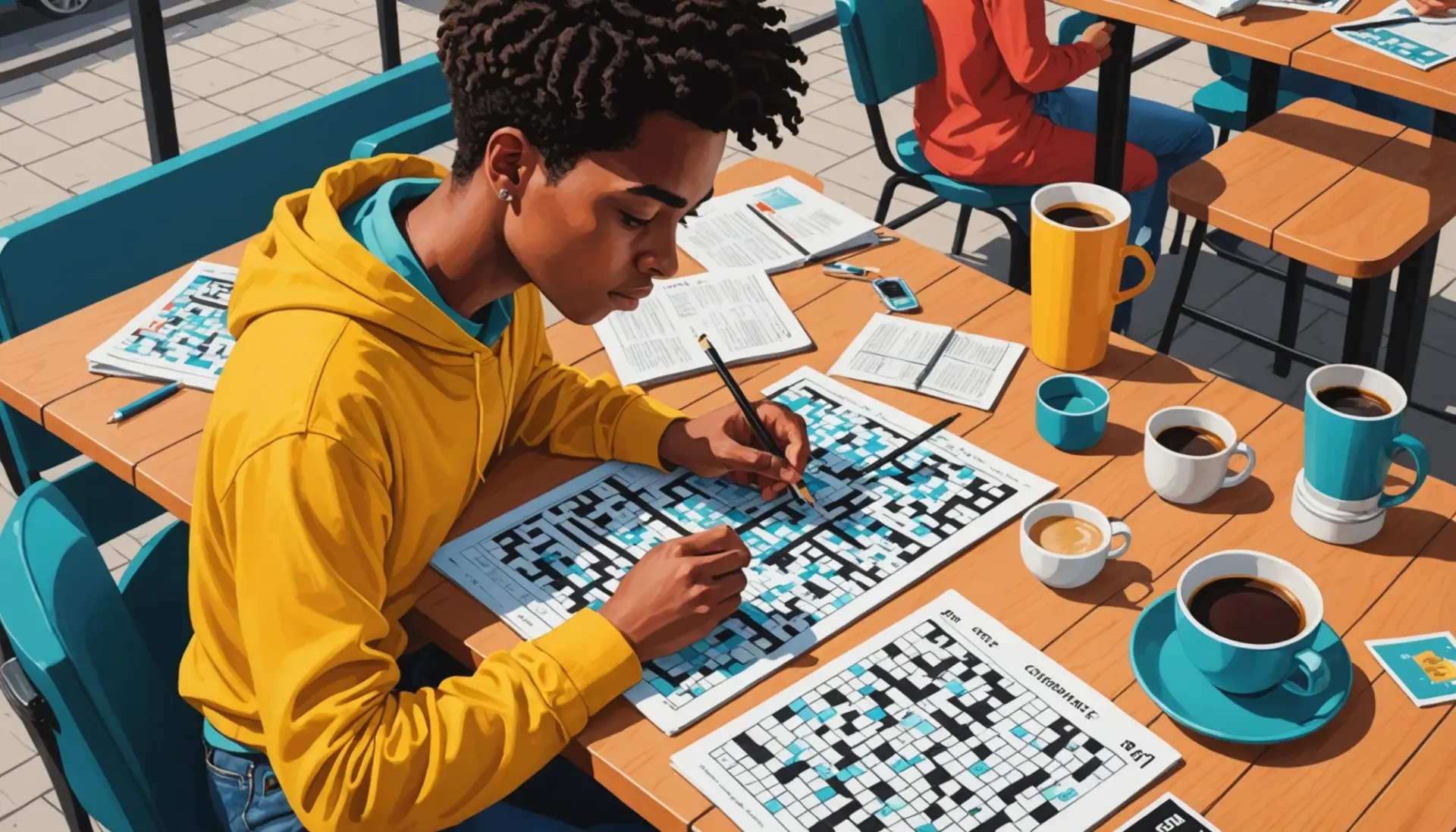 Editorial illustration showing a crossword grid with the phrase finished in slang crossword highlighted