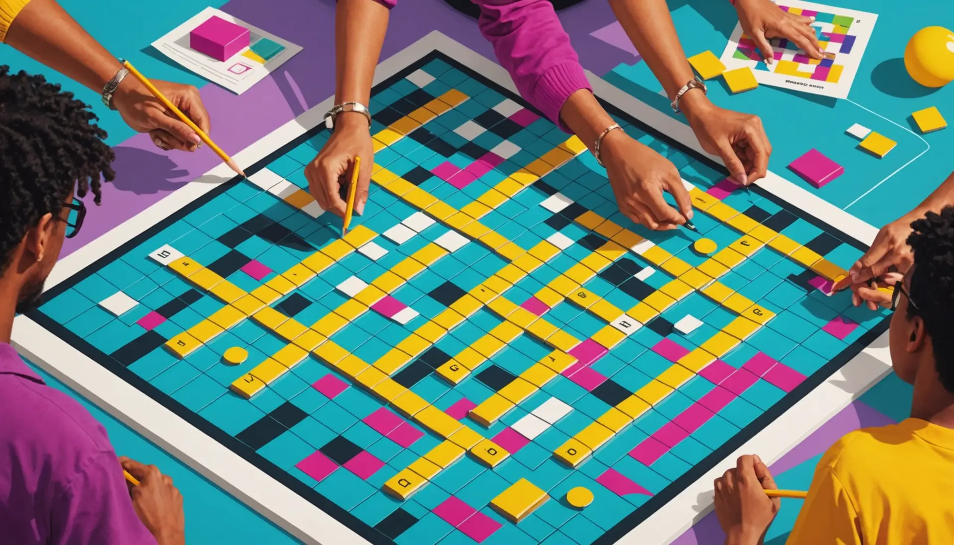 Editorial illustration showing a crossword grid and speech bubbles with slang greetings, say hi in slang crossword