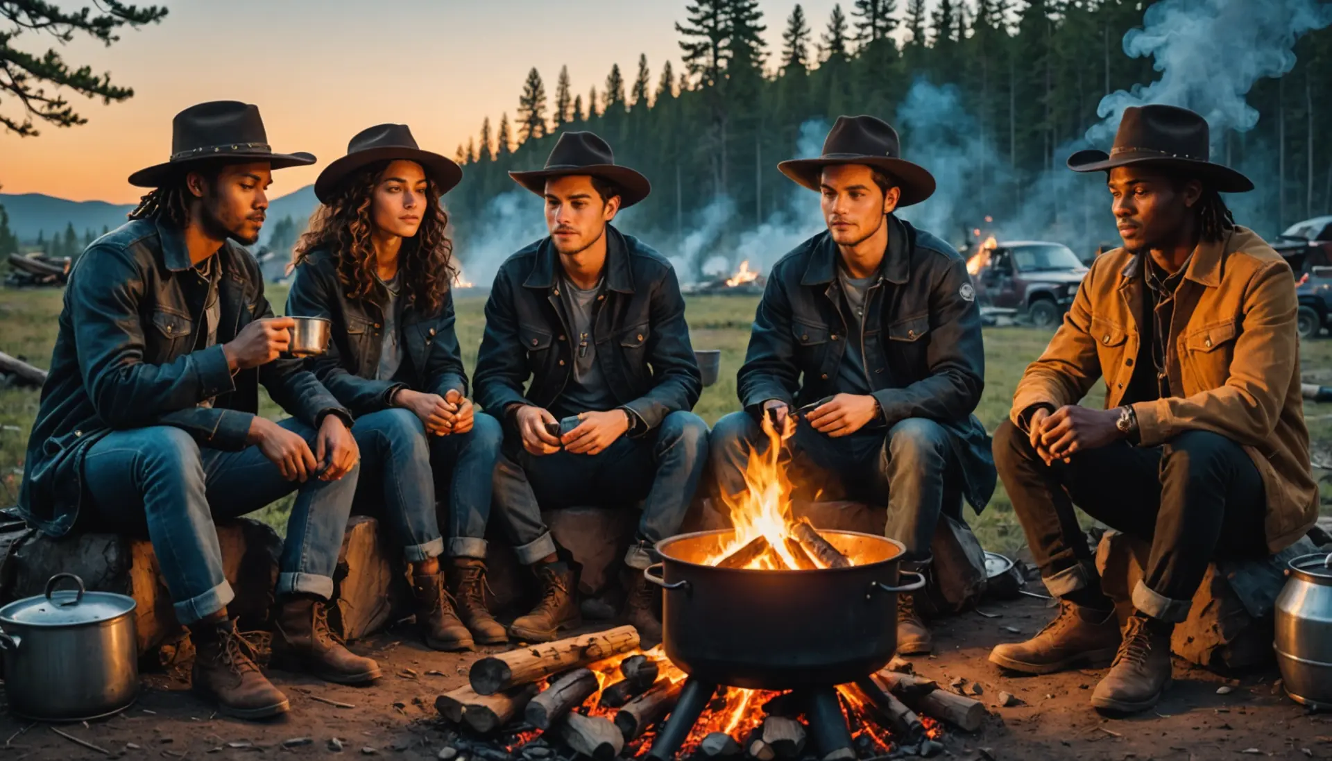 Editorial illustration of people sharing rugged campfire coffee, referencing cowboy coffee meaning slang