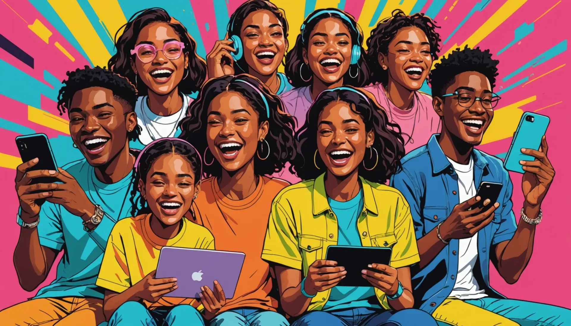 Editorial illustration showing people laughing at memes with text bubbles, featuring the phrase pmsl meaning slang concept