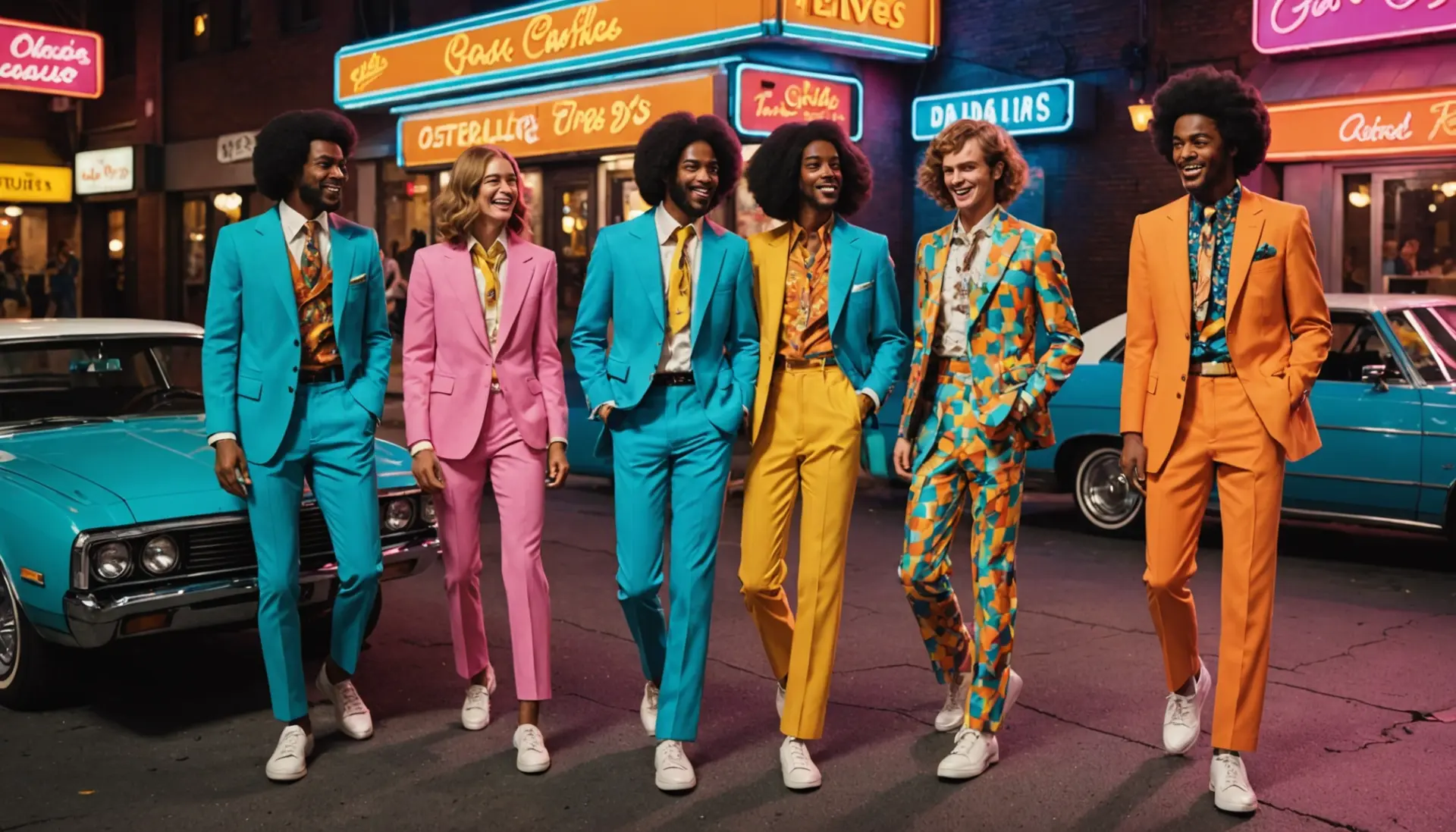 Editorial illustration of a retro polyester suit scene, highlighting the phrase polyester slang in mood and style