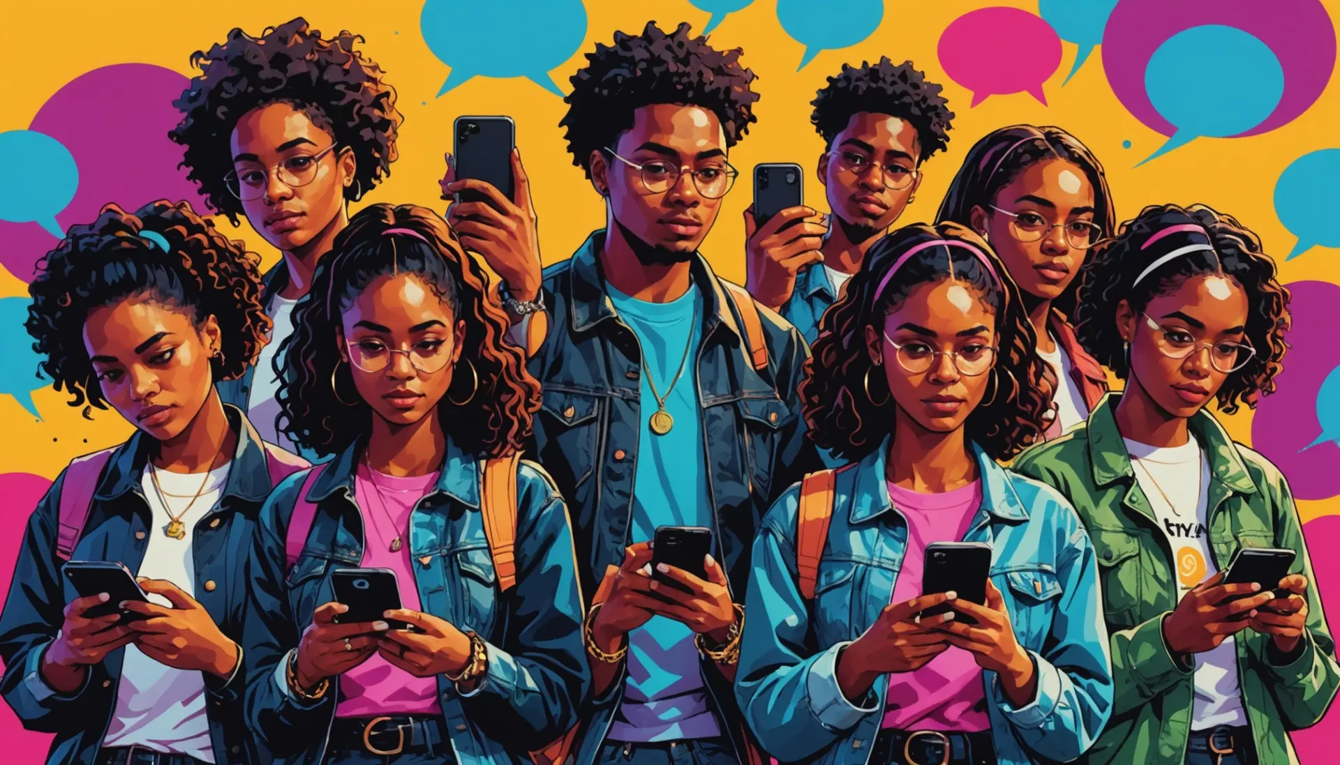 Editorial illustration showing people texting 'njb urban dictionary' on phones