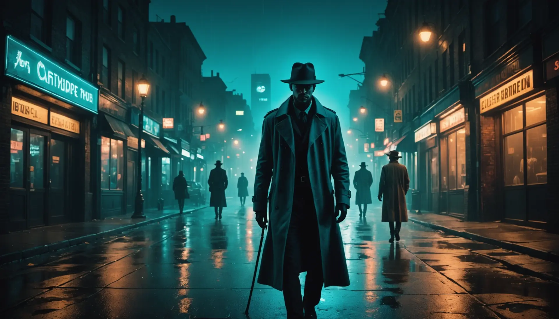 Editorial illustration evoking what does film noir mean with moody shadows and city streets