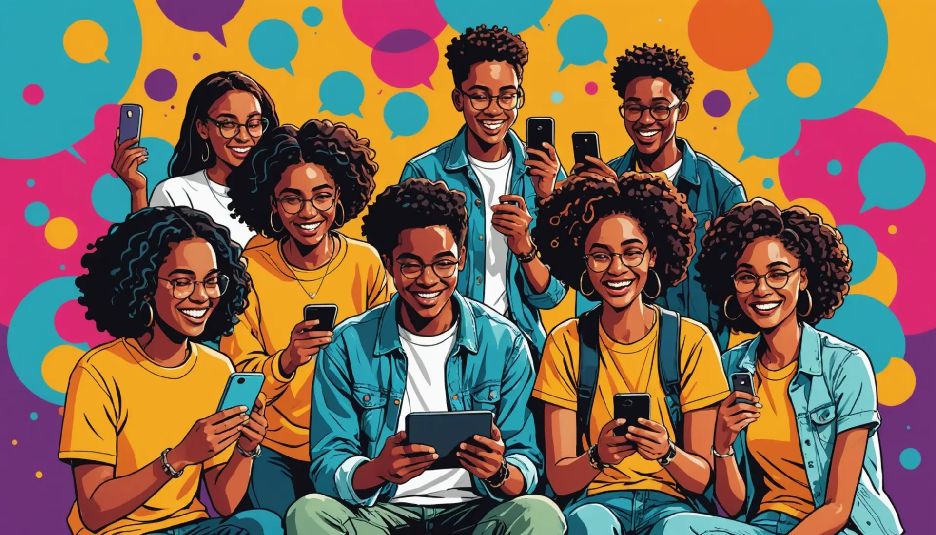 Editorial illustration of people using phones with a chat bubble showing 'tuma' and urban slang, tuma urban dictionary
