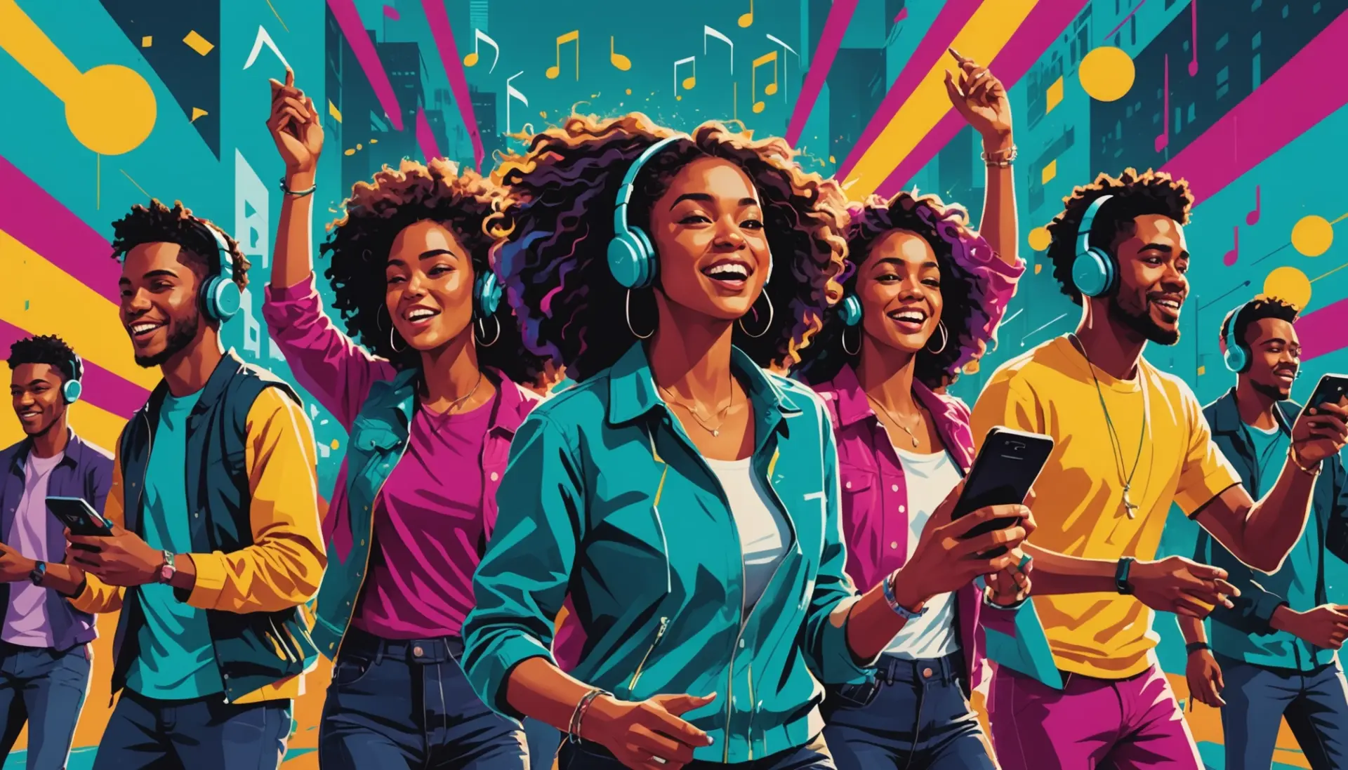 Editorial illustration showing people reacting to music, with the phrase bop slang urban dictionary in context