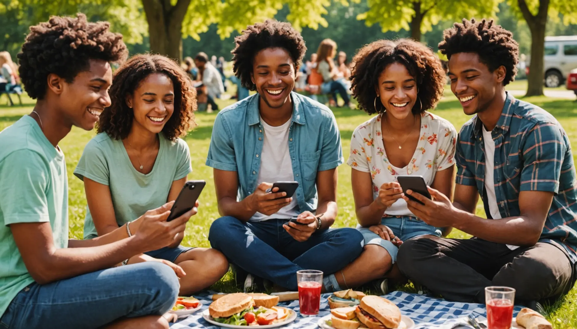 Vibrant editorial scene illustrating picnic slang meaning with people at a park and subtle tech meme cues