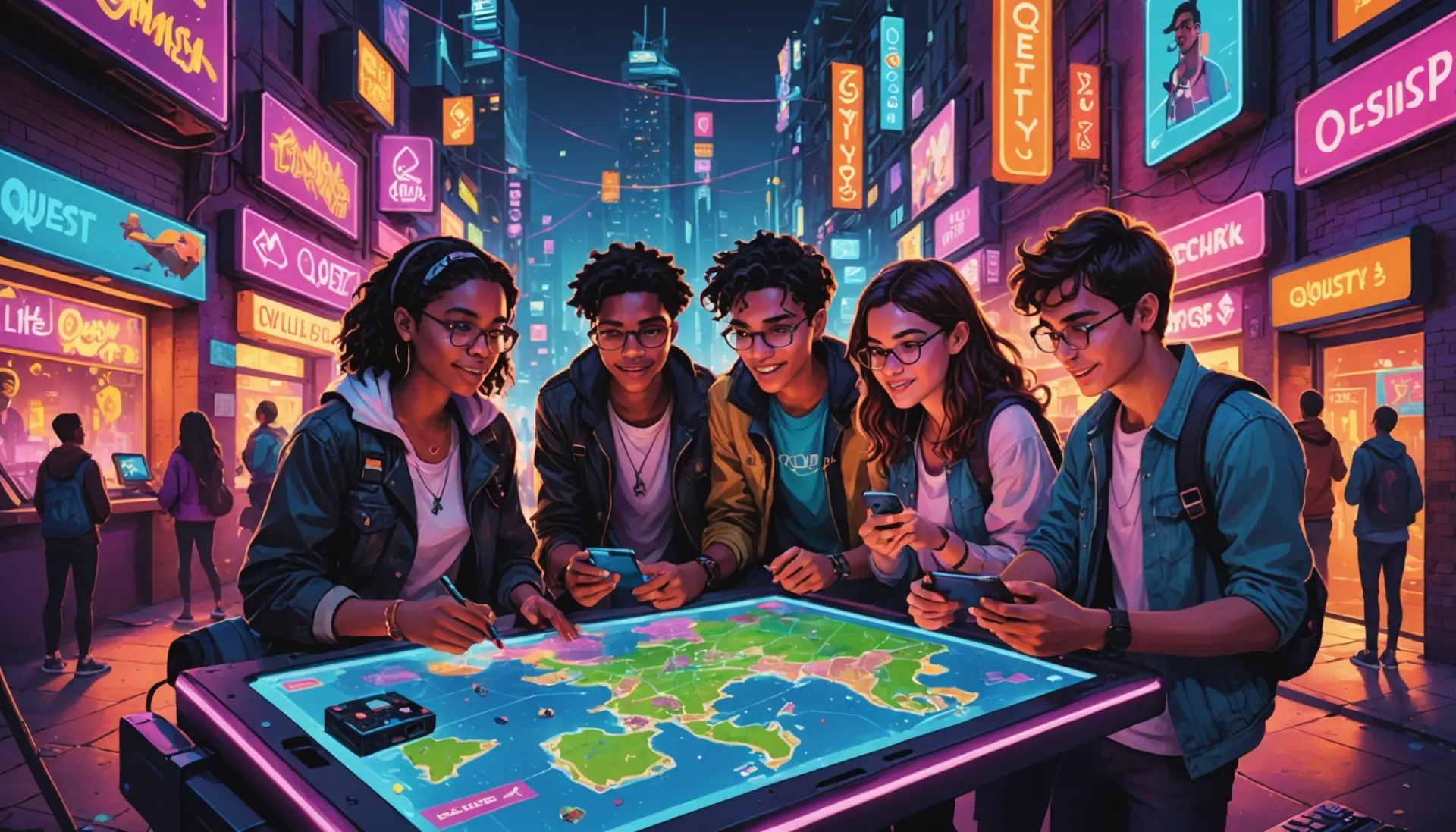 Editorial illustration of friends on a playful side quest, with the phrase side quest urban dictionary implied in scene