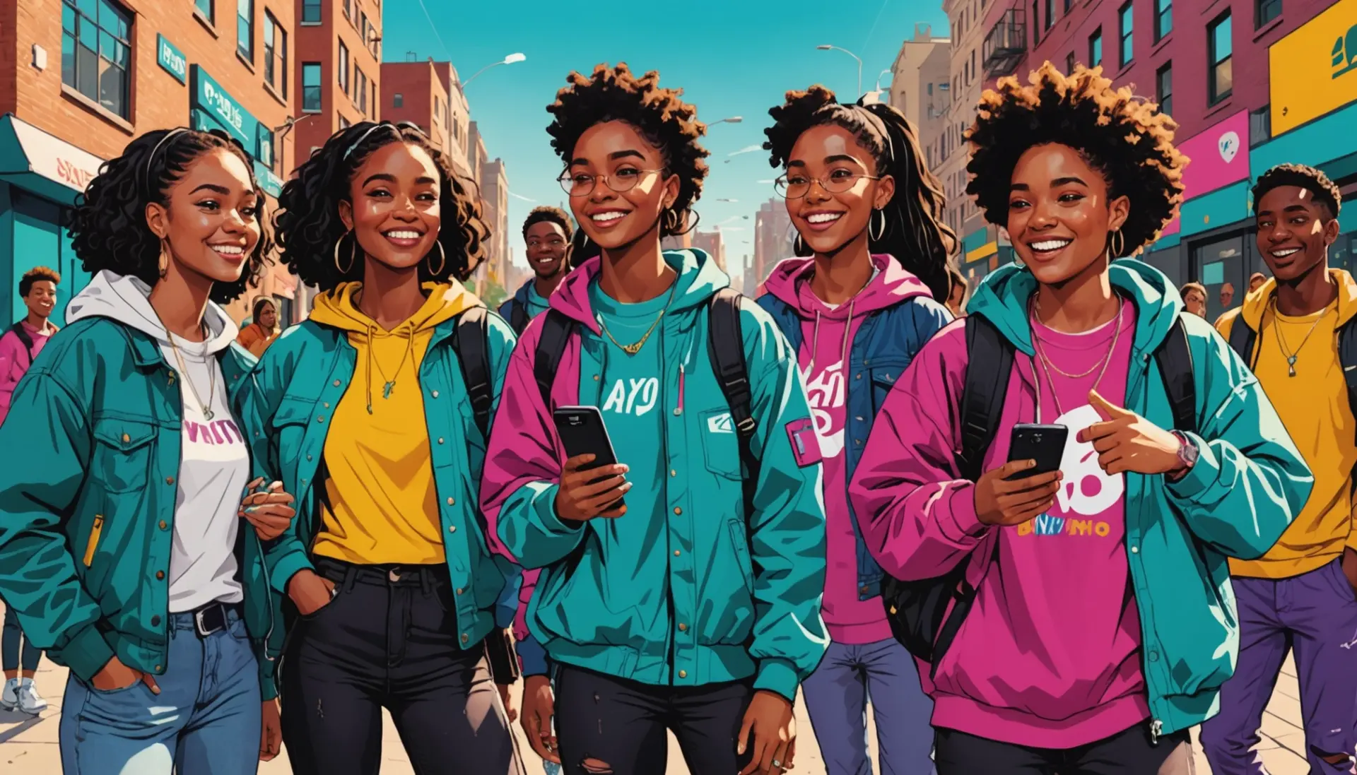 Editorial illustration showing diverse young people using 'ayo', representing the phrase ayo meaning slang