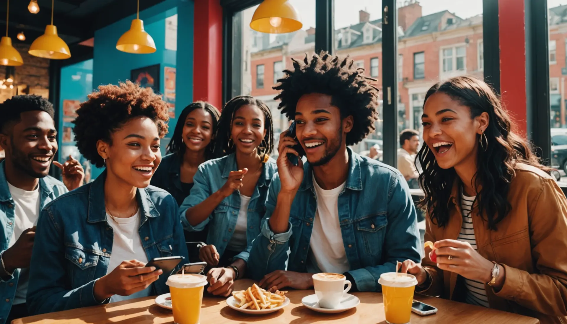 Editorial illustration showing young people using their phones to Shazam songs, captioned scene referencing shazam meaning slang