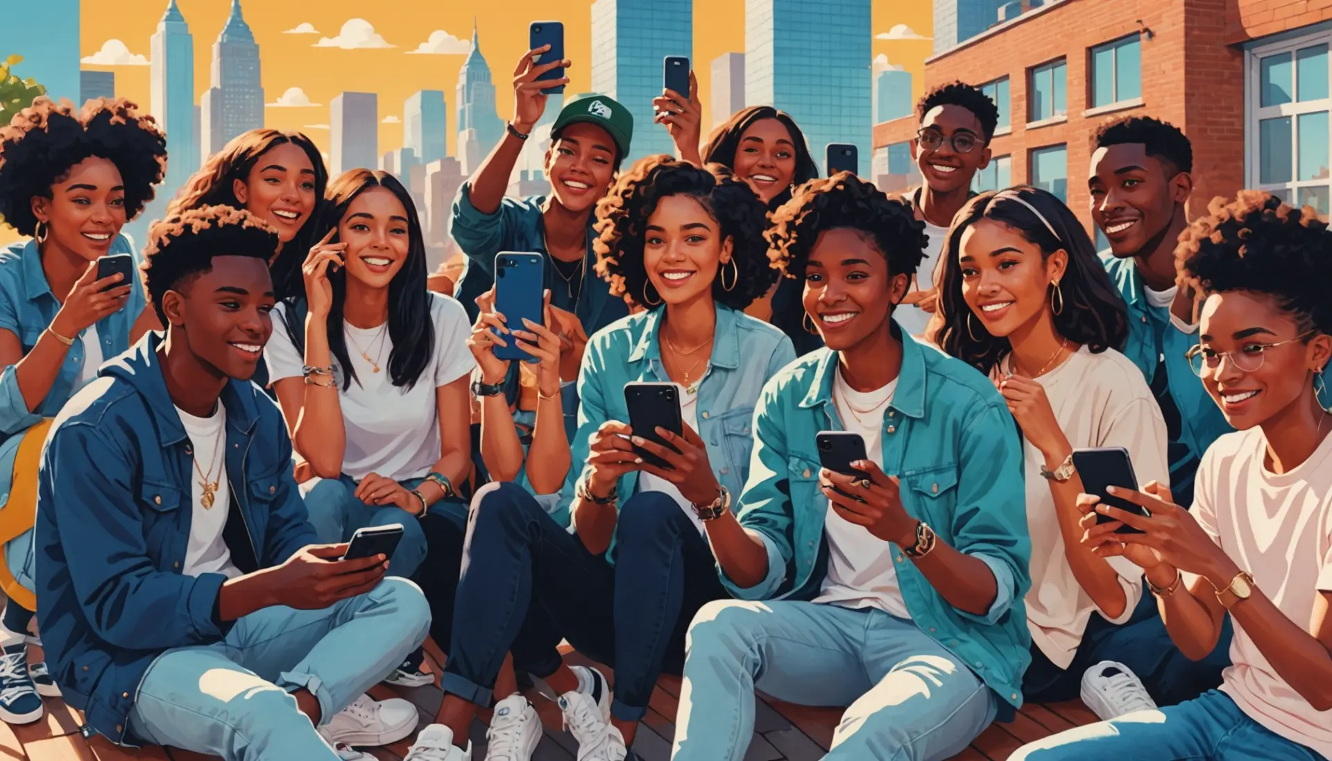 Colorful editorial scene showing people posting and reacting online, illustrating show off in modern slang